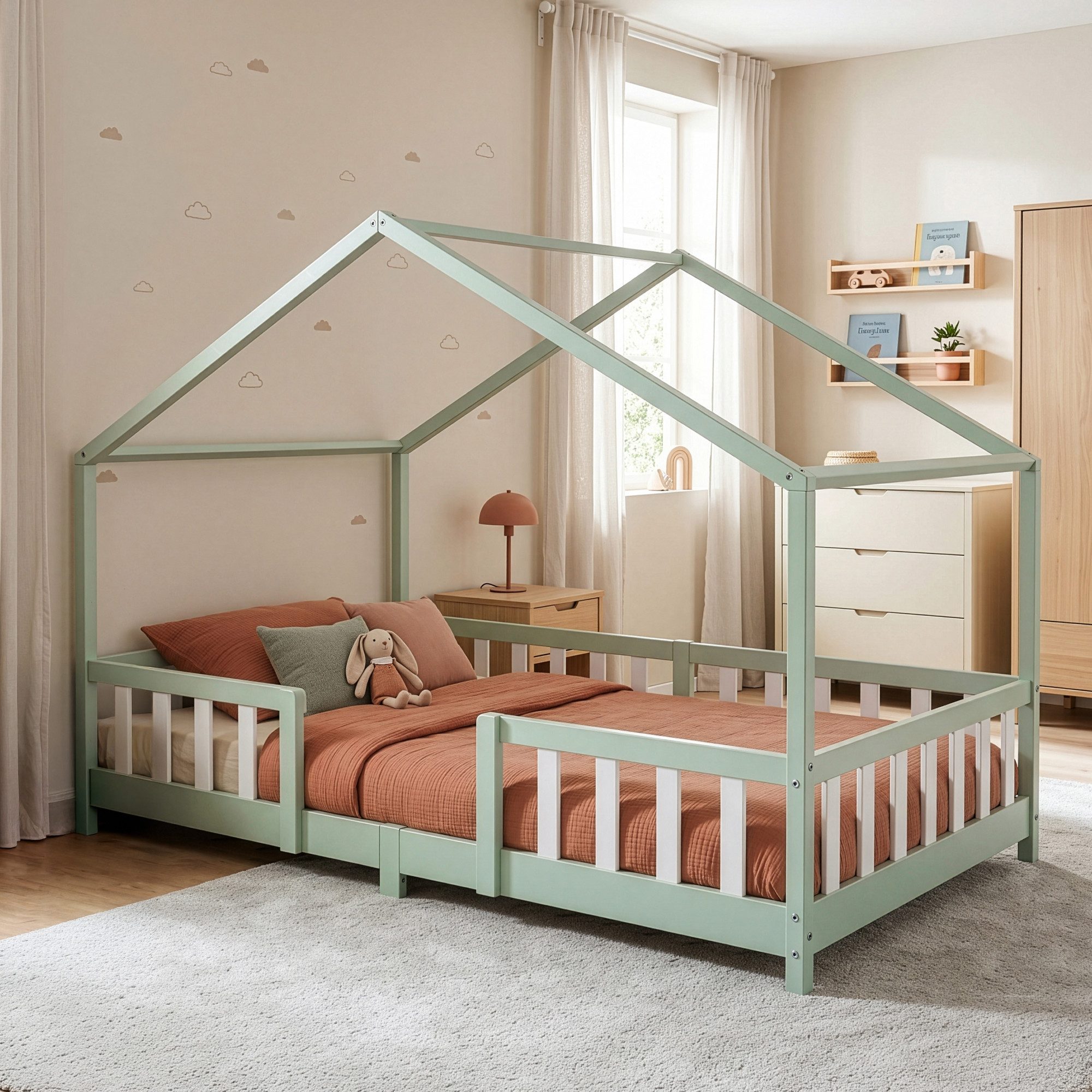 en.casa Kinderbett, »Treviolo« Haus-Optik Montessori 120x200 cm Mintgrün/Weiß