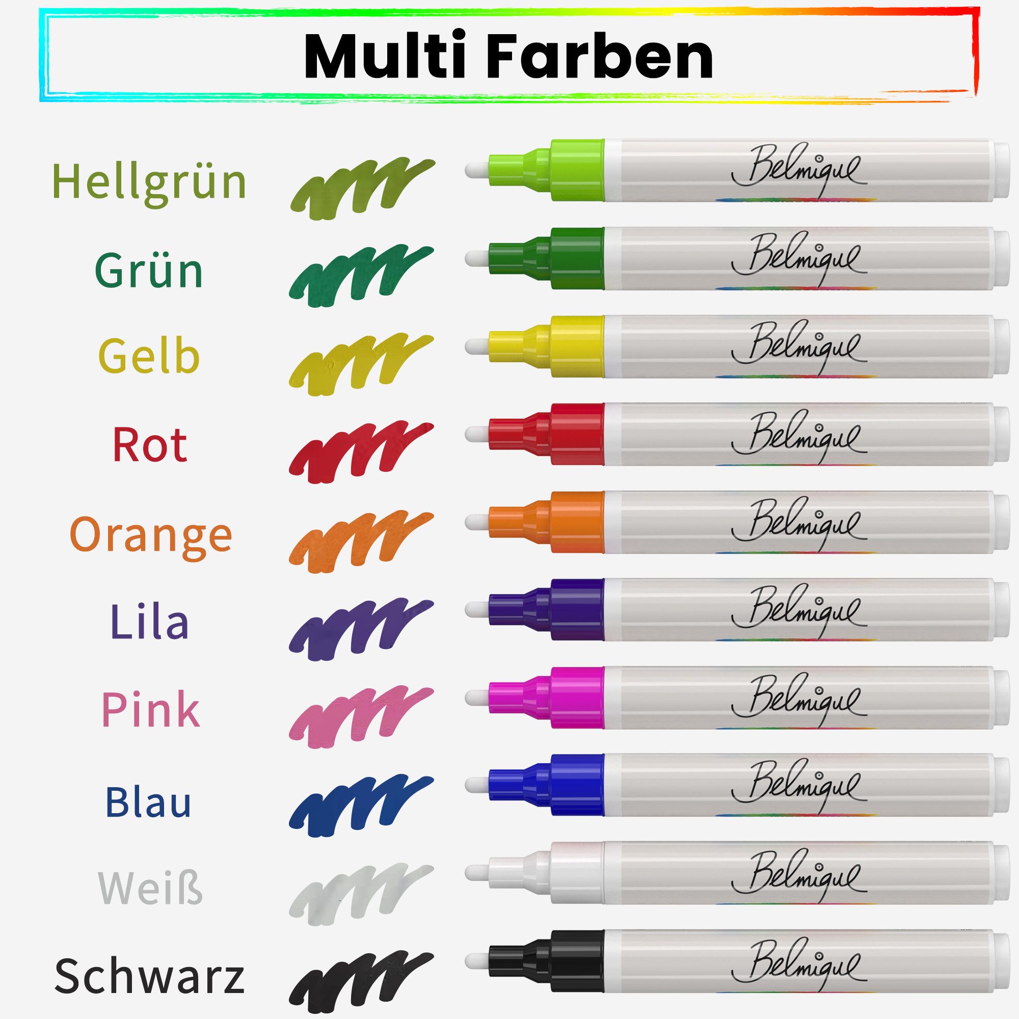 Belmique Marker Acrylmarker 2–3 mm – 10er Set für Stein, Holz & Leinwand, (10-tlg., Bunt), 10 Farben, Deckend & wetterfest, 2–3 mm Spitze