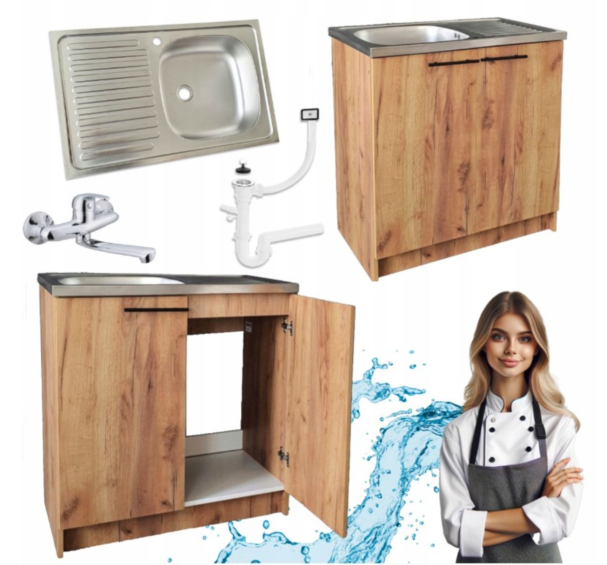 STAMAR Spülenschrank Küchenschrank 80cm Goldene Eiche Spüle Wandarmatur Chrom Siphon Set Standschrank 49cm Tiefe Edelstahl Spülbecken Geschirrspüler Komplett