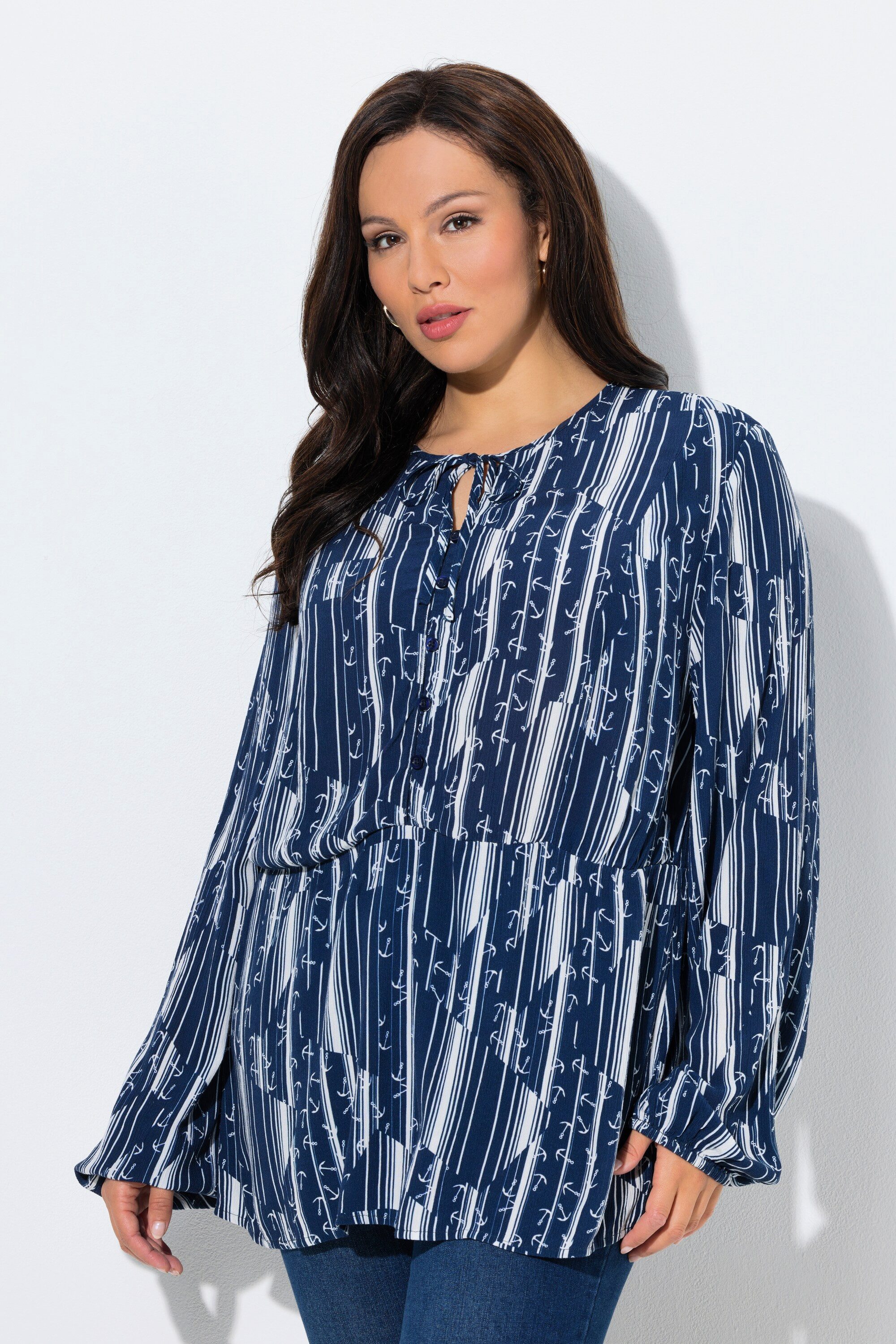 Satinbluse Bluse Anker A-Linie Rundhals Langarm