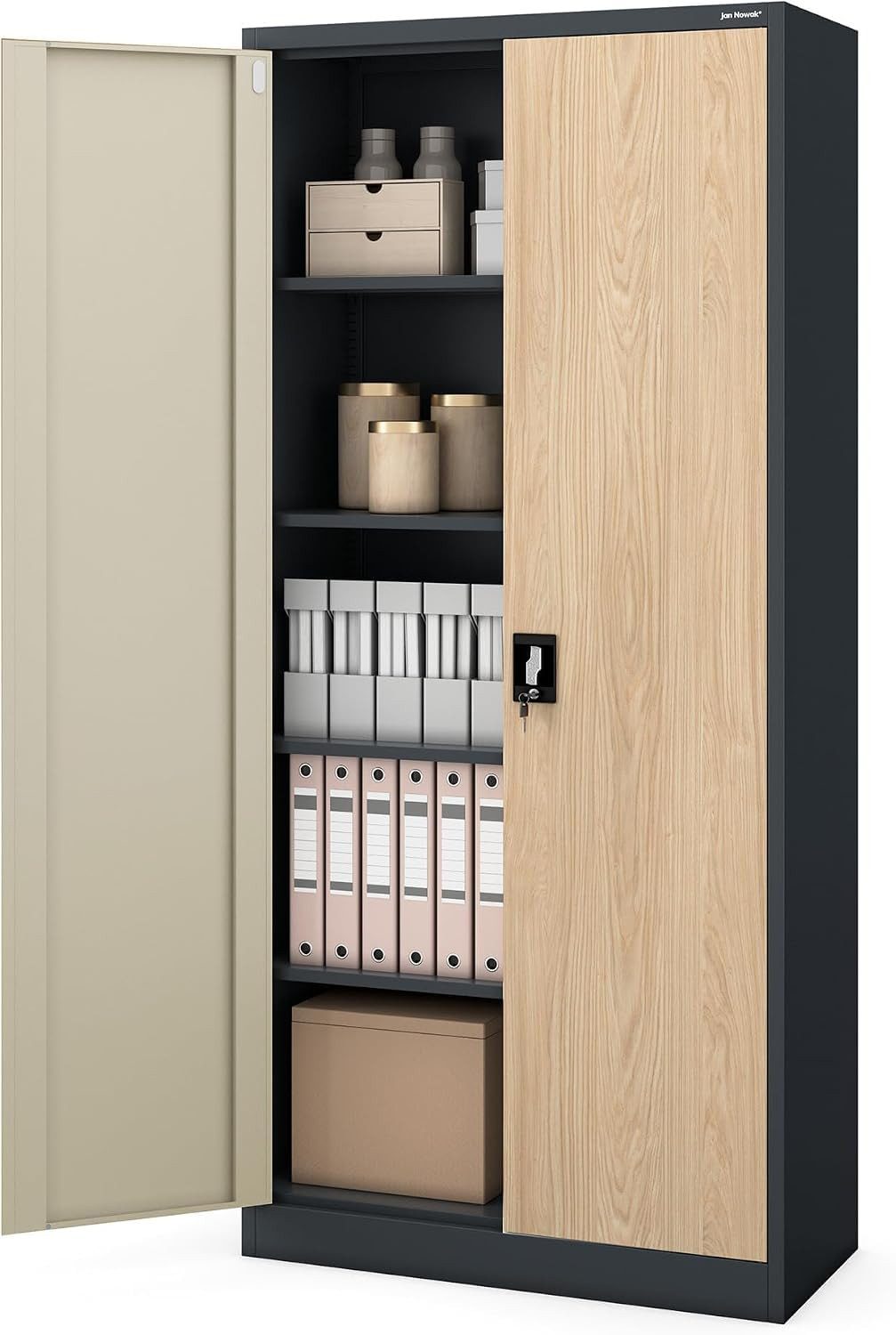 Jan Nowak Aktenschrank Metall Büroschrank abschließbar 90 cm JAN H 4 Böden Stahl (Ordnerschrank Aktenschrank Büro Kanzlei Praxis Sozialraum, Kaltwalzstahl 0,6 mm 195 x 90 x 45 cm Wandmontage 50 Ordner) Schloss 2 Schlüssel robust langlebig 17 Farben