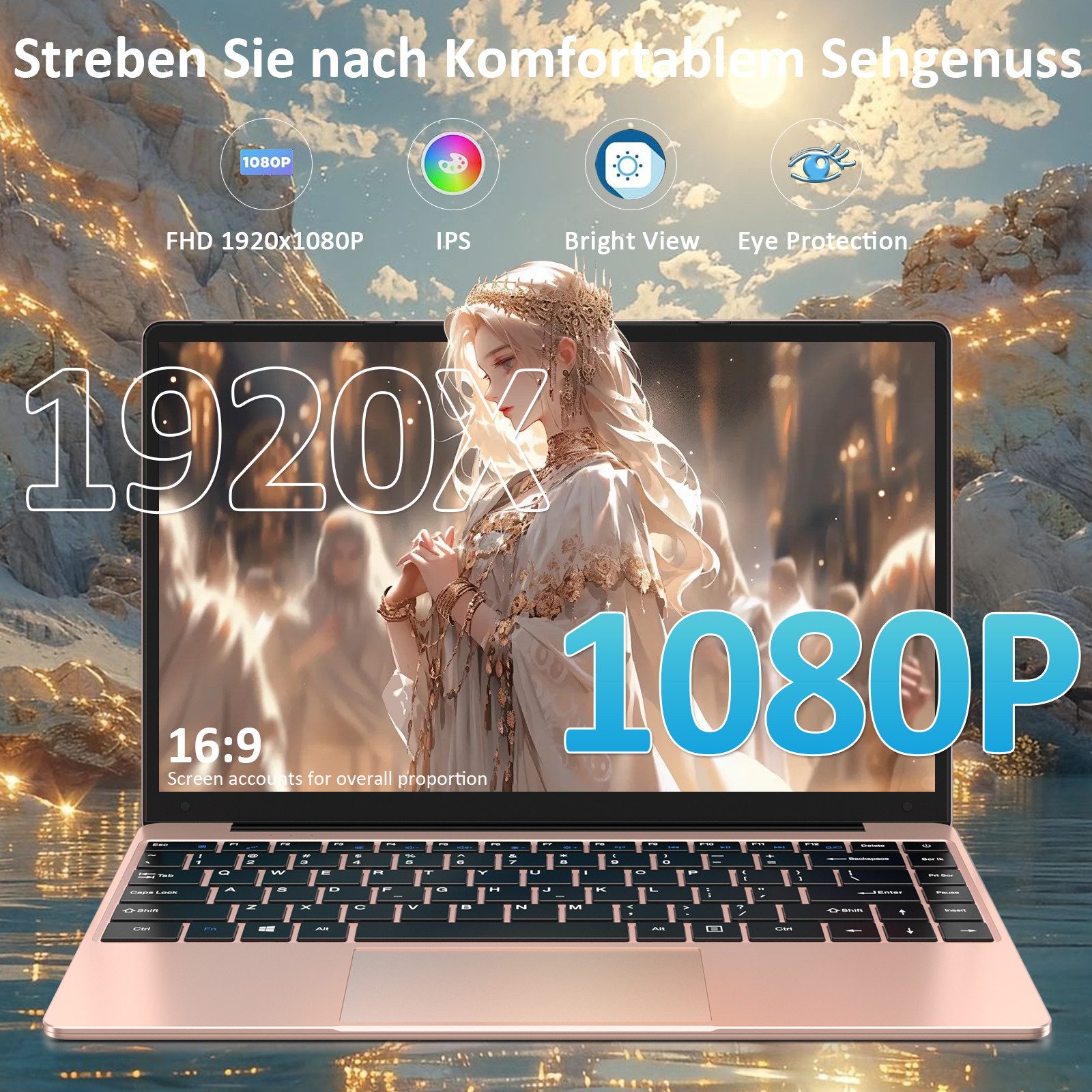 bvate Laptop, 14 Zoll, N4020, 6GB RAM, 256GB SSD Notebook Notebook (35 cm/14 Zoll, Celeron N4020 N4020 Celeron N4020, Celeron N4020, 6 GB, 256 GB SSD, 180° Drehung/Low Blue Light-Zertifizierung/Deutsche Tastaturaufkleber) goldfarben