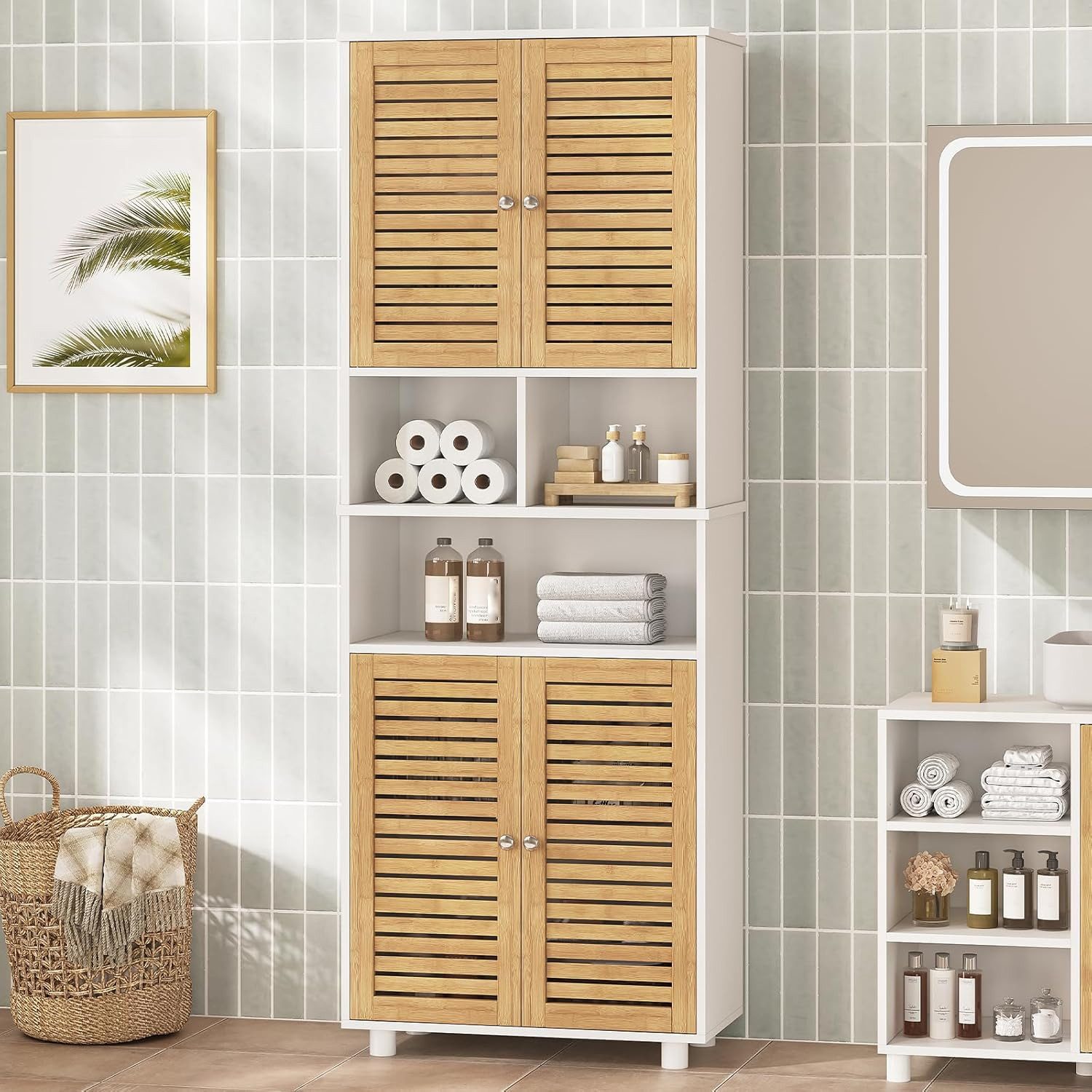 MSMASK Hochschrank Badezimmerschrank mit 3 offenen Fächern und verstellbaren Ablagen (1-St) für Wohnzimmer, Küche und Bad, 60 x 30 x 170 cm, Holzfarben – Bild 3 von 5
