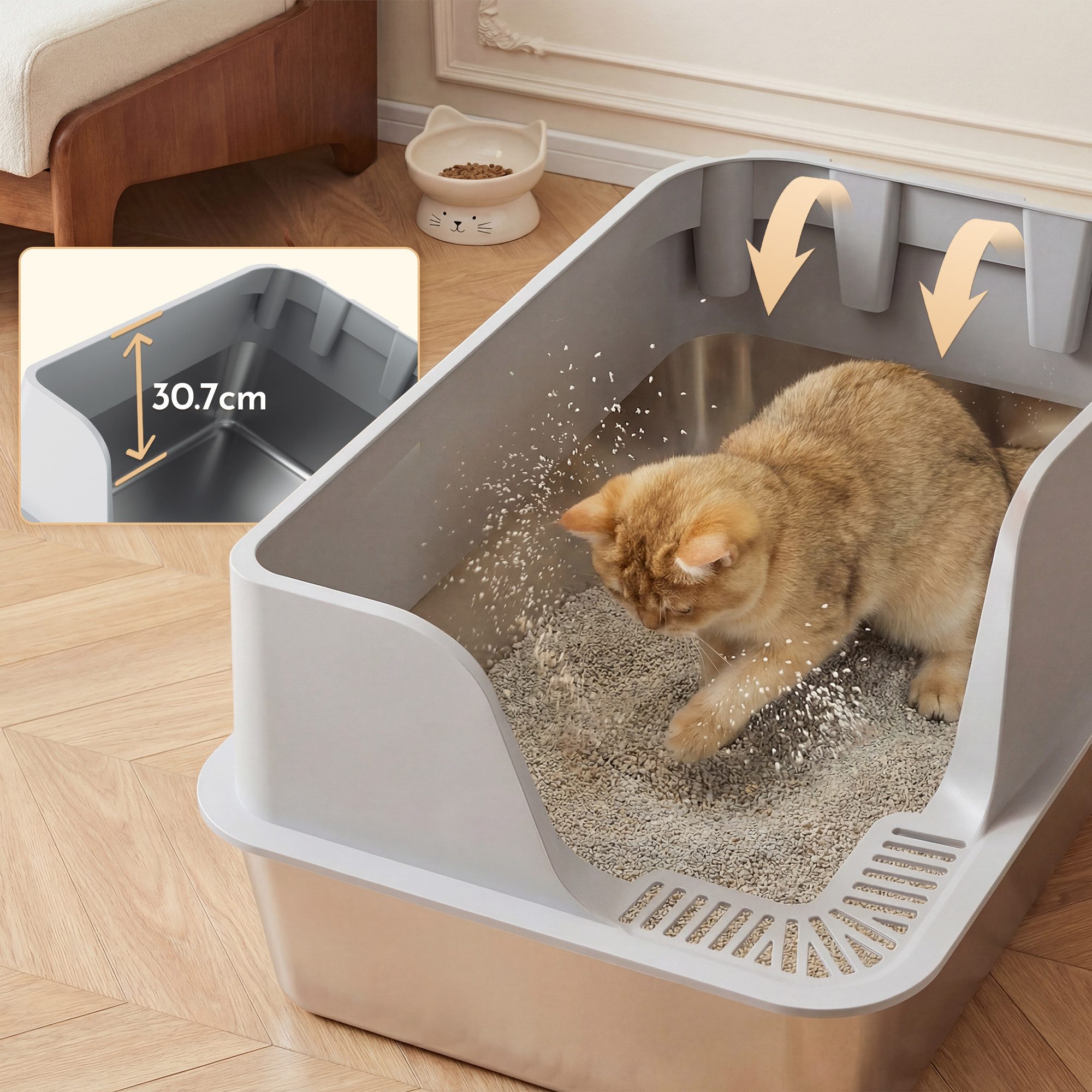 HOMALL Katzentoilette XXL Große katzenklo edelstahl,Hochrand anti-Spritzen,60 x 40 cm, Offen, geräumig, leicht zu reinigen von HOMALL