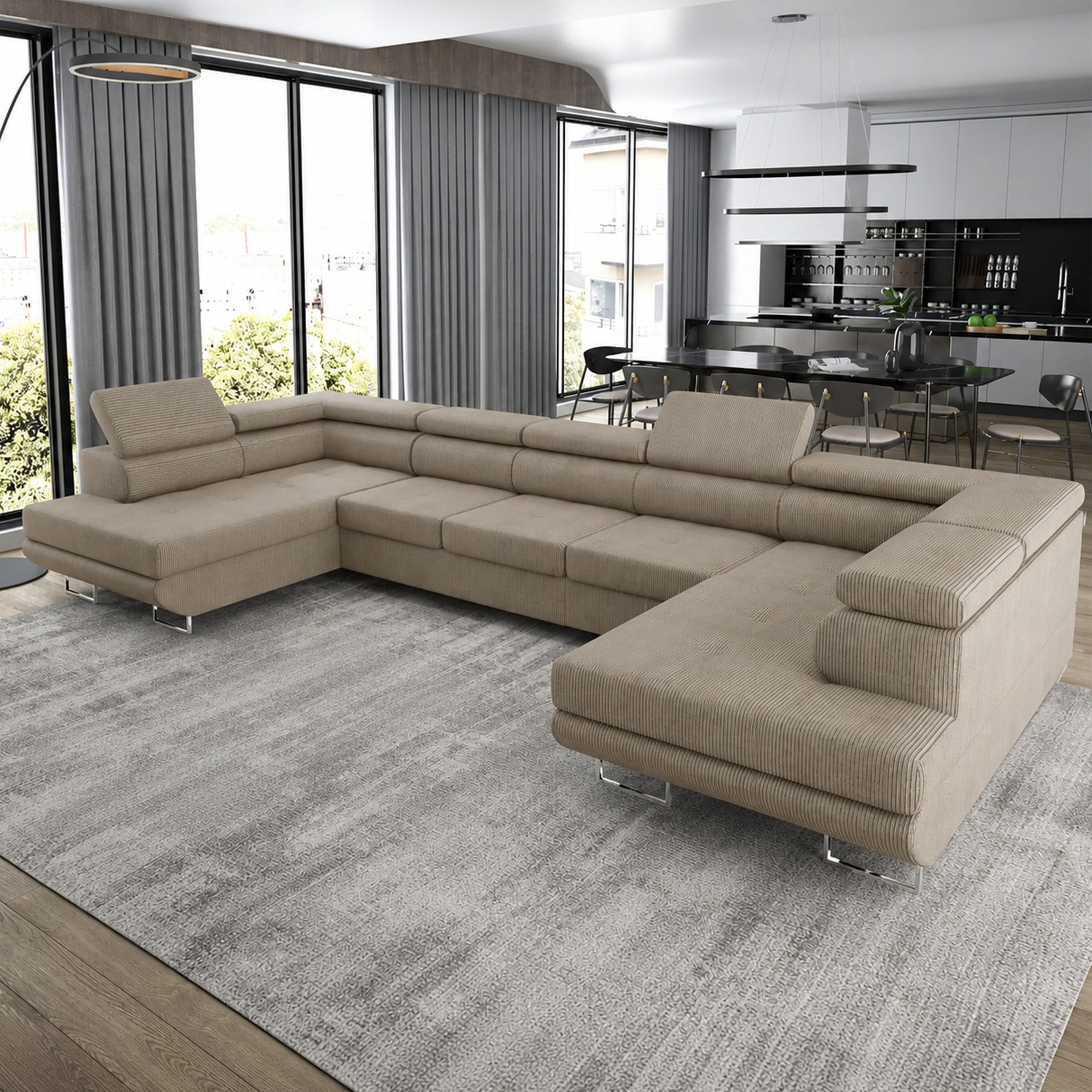 Goldstoff Wohnlandschaft "ASTON" U Form mit Schlaffunktion XXL Couch Sofa, Komfortable U Form Couch mit Bettkasten und Schlaffunktion 1 Teile, U Form Sofa mit Bettkasten moderne Wohnlandschaft Couch XXL