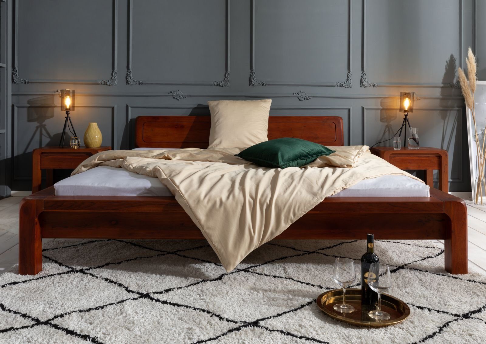 Massivmoebel24 Massivholzbett BUENO (Bett Akazie 200x200x80 honig lackiert BUENO #021), Bett Akazie 200x200x80 honig lackiert BUENO #021