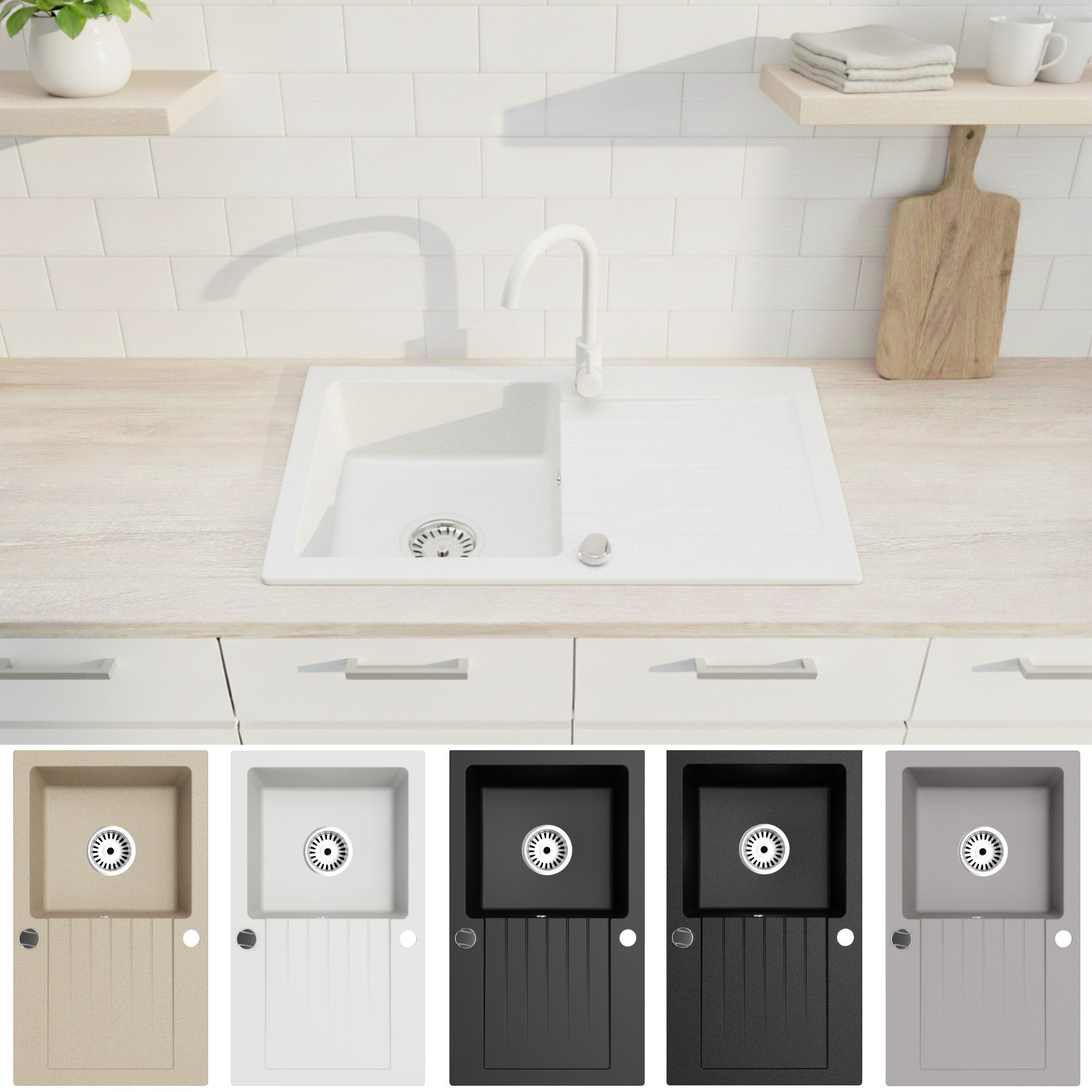 Faizee Möbel Granitspüle Granitspüle Küchenspüle Granit Siphon Einbauspüle Küche 75×44 Athena, Eckig, 76/44 cm