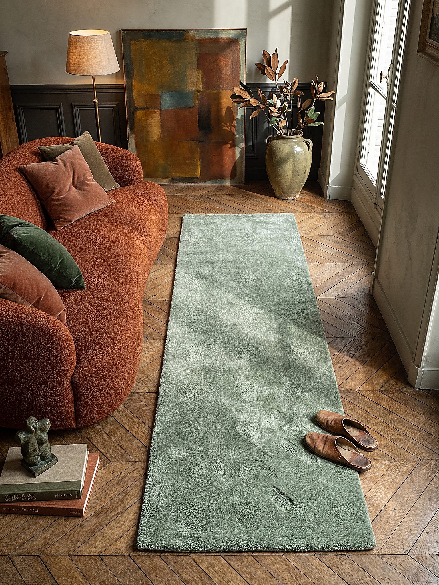 KADIMA DESIGN Teppich ALDAN Hochflorteppich Grün 60x110 Uni Polyester Antirutsch, Läufer, Höhe: 18 mm, Fußbodenheizung geeignet, …