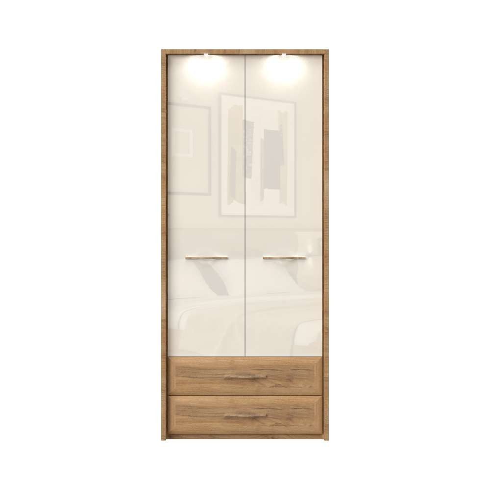 OTTO home Kleiderschrank Gala, beige hochglänzend UV lackiert, kratzfest, FSC-zertifiziert (abgerundete Schubladen aus MDF im Holzdekor, soft-close) mit Beleuchtung und Passpartourahmen, hoher Schrank (224cm), 2 Breiten