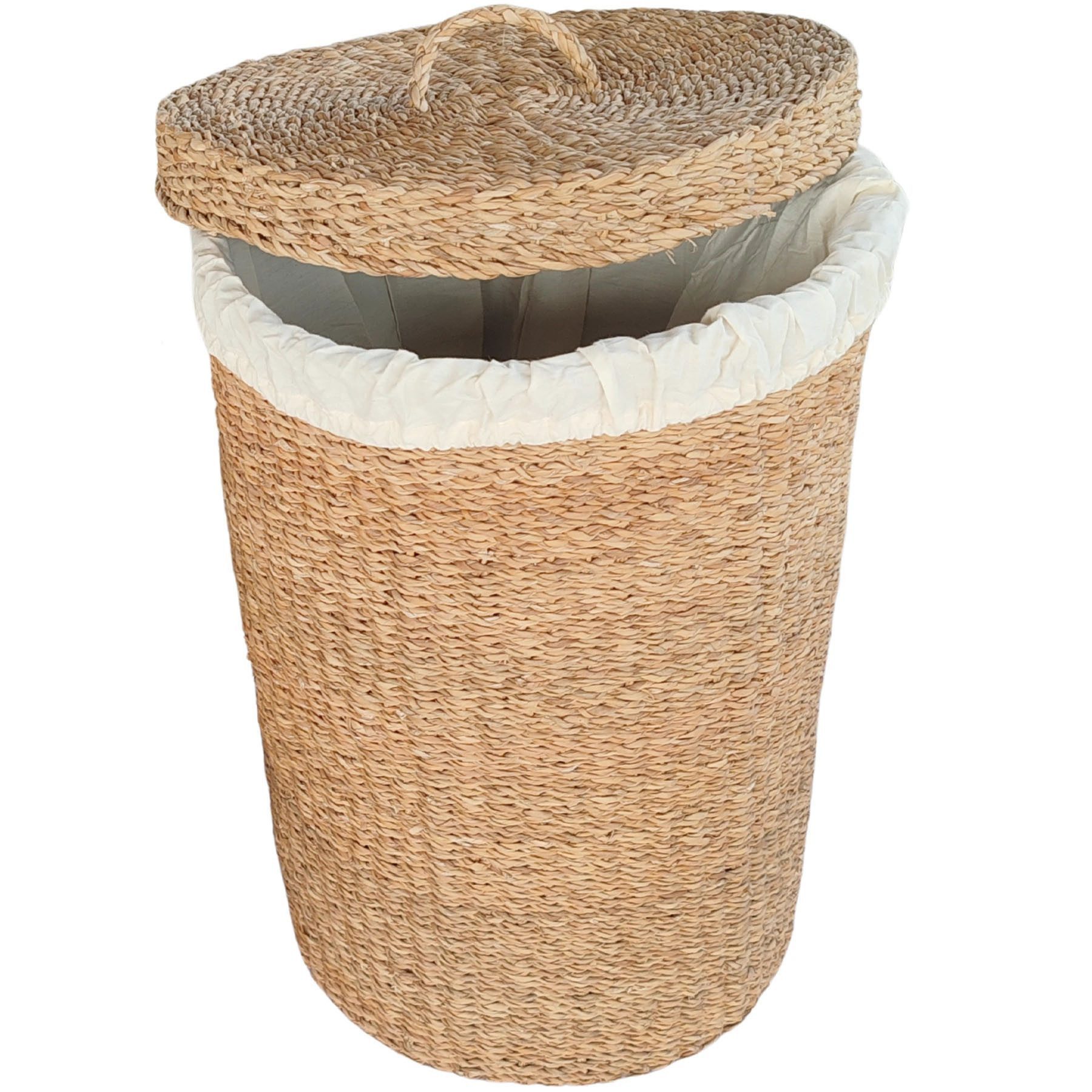 Casa Moro Wäschekorb mit Deckel aus Seegras, rund, 75 L (1 St., Größe M, Ø 42 x H 60 cm), Handgeflochten, Wäschebeutel herausnehmbar und bei 30 °C waschbar