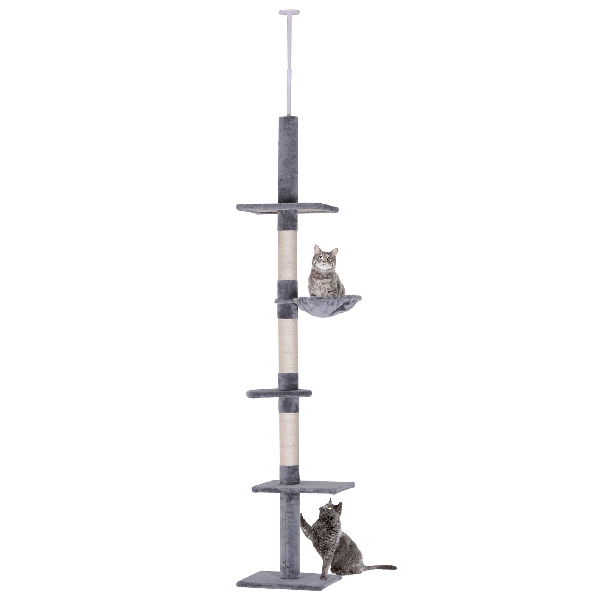 PawHut Kratzbaum Deckenhoch höhenverstellbar Katzenkratzbaum Katzen Kletterbaum, Grau, 40L x 34B x 230-260H cm