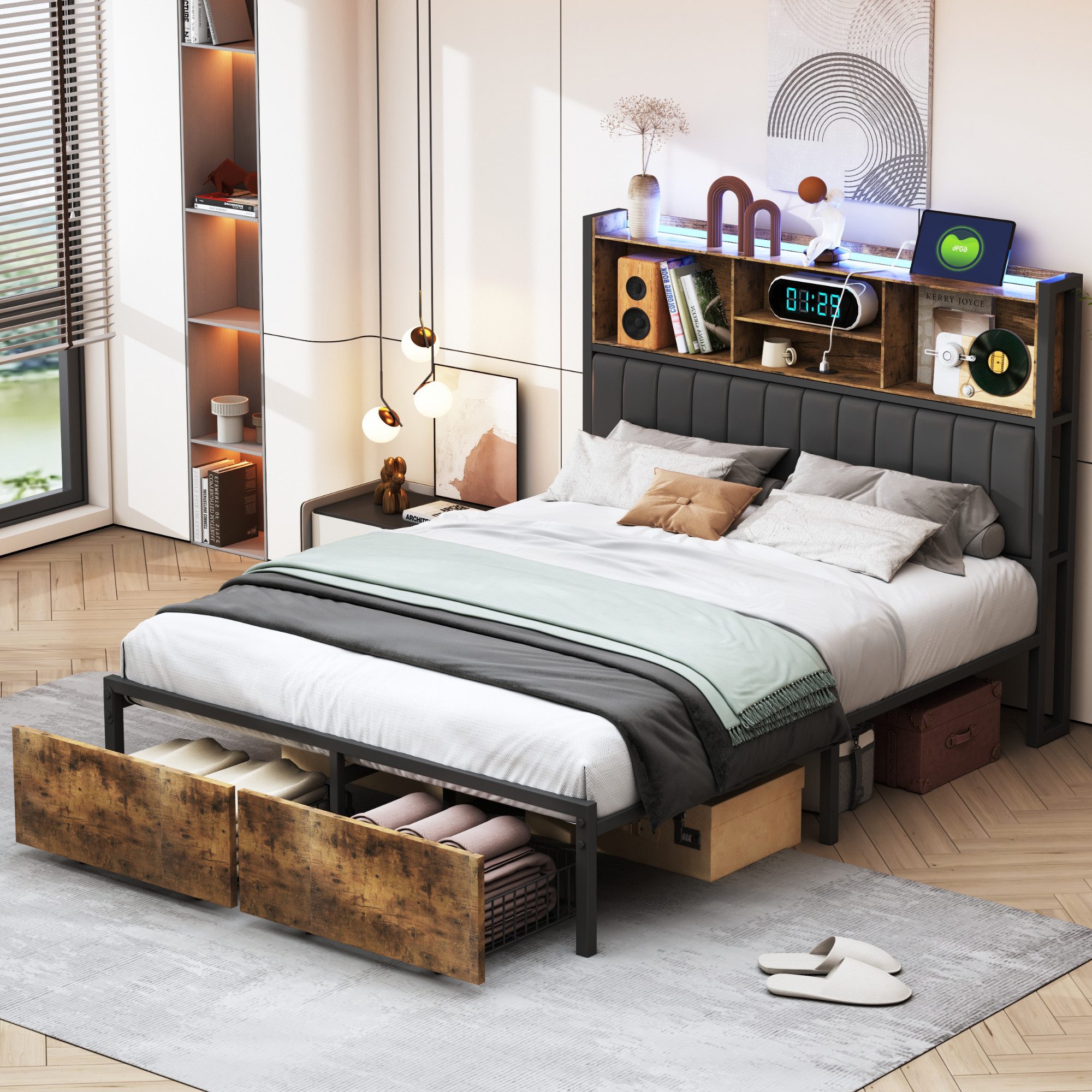 Furnishings Home Polsterbett Stauraumbett Doppelbett LED (Multifunktionsbett, USB + TYPE-C), Mit LED-Beleuchtung, 2 Schubladen, Ladefunktion, Kunstleder,140x200 cm