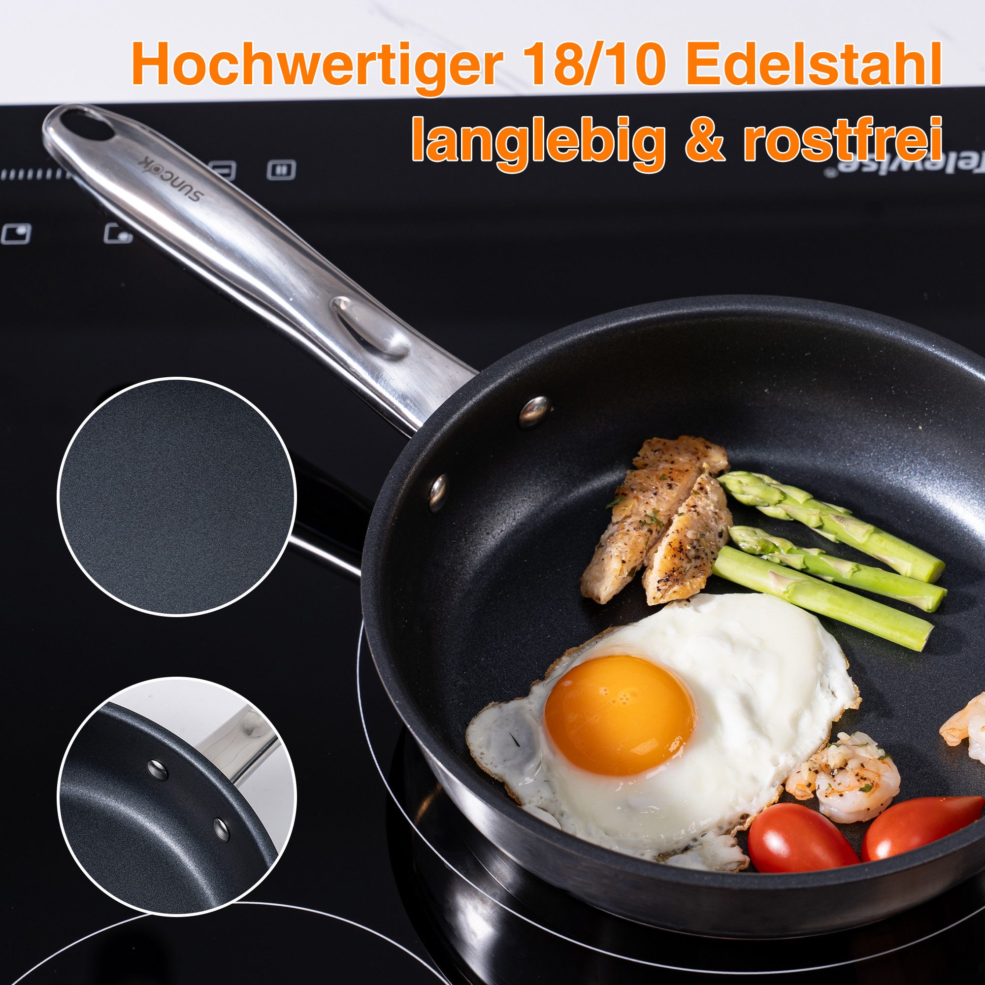 SUNCOK Pfannen-Set Induktion, Bratpfannenset, Edelstahl 18/10 (Set, 3-tlg., je 1x Pfanne 20 cm, 1,4 l; 24 cm, 2,2 l; 28 cm, 3,4 l), Induktionspfanne, Antihaftbeschichtung, Leichte Reinigung