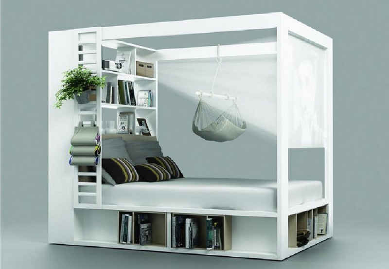 QMM TraumMöbel Himmelbett Calgary 160x200 weiß mit Lattenrost (Einzelnes Möbelstück, Bett), inklusive Bettkasten, mit integriertem Bücherregal