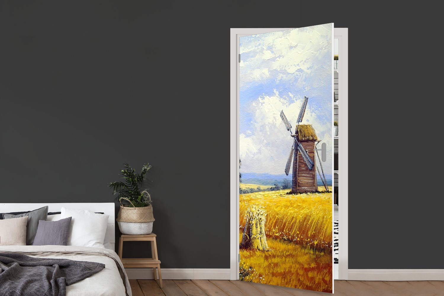 MuchoWow Türtapete Gemälde - für 75x205 Türaufkleber, Tür, (1 bedruckt, Bauernhof Matt, - Ölfarbe, Fototapete Mühle - St), cm