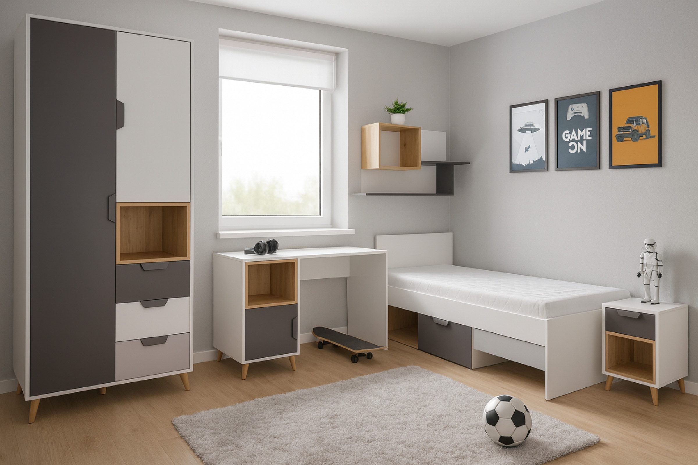 Deine Möbel 24 Kinderschreibtisch JUSTIN 14 Schreibtisch 120 cm breit (Set, 2-St., für Jugendzimmer Kinderzimmer), in Weiß Matt / Graphit / Grau / Eiche Scandi Still