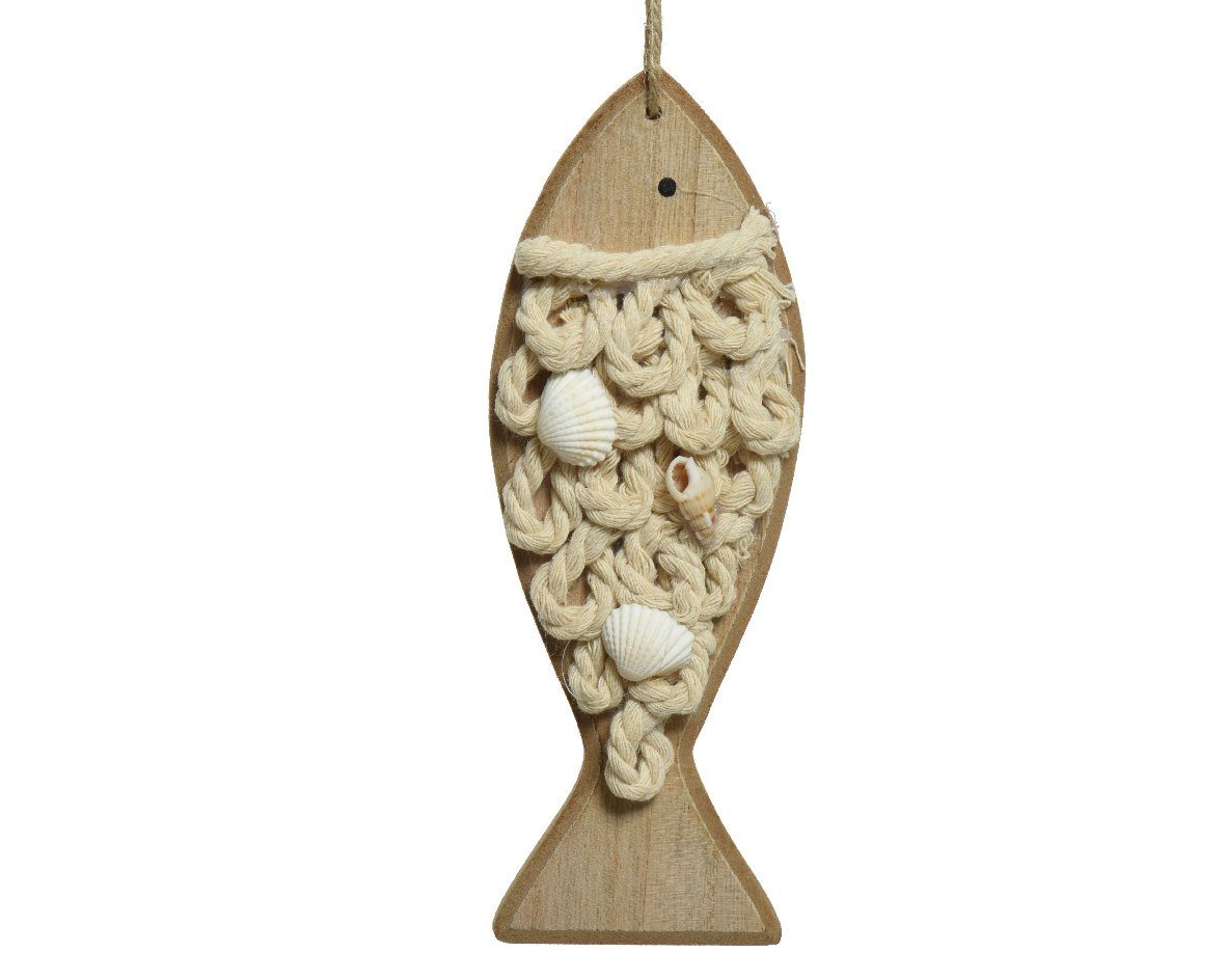 decorations season Fisch 19,5cm beige Dekofigur, Deko Holz makramee Decoris Maritime Aufhänger optik