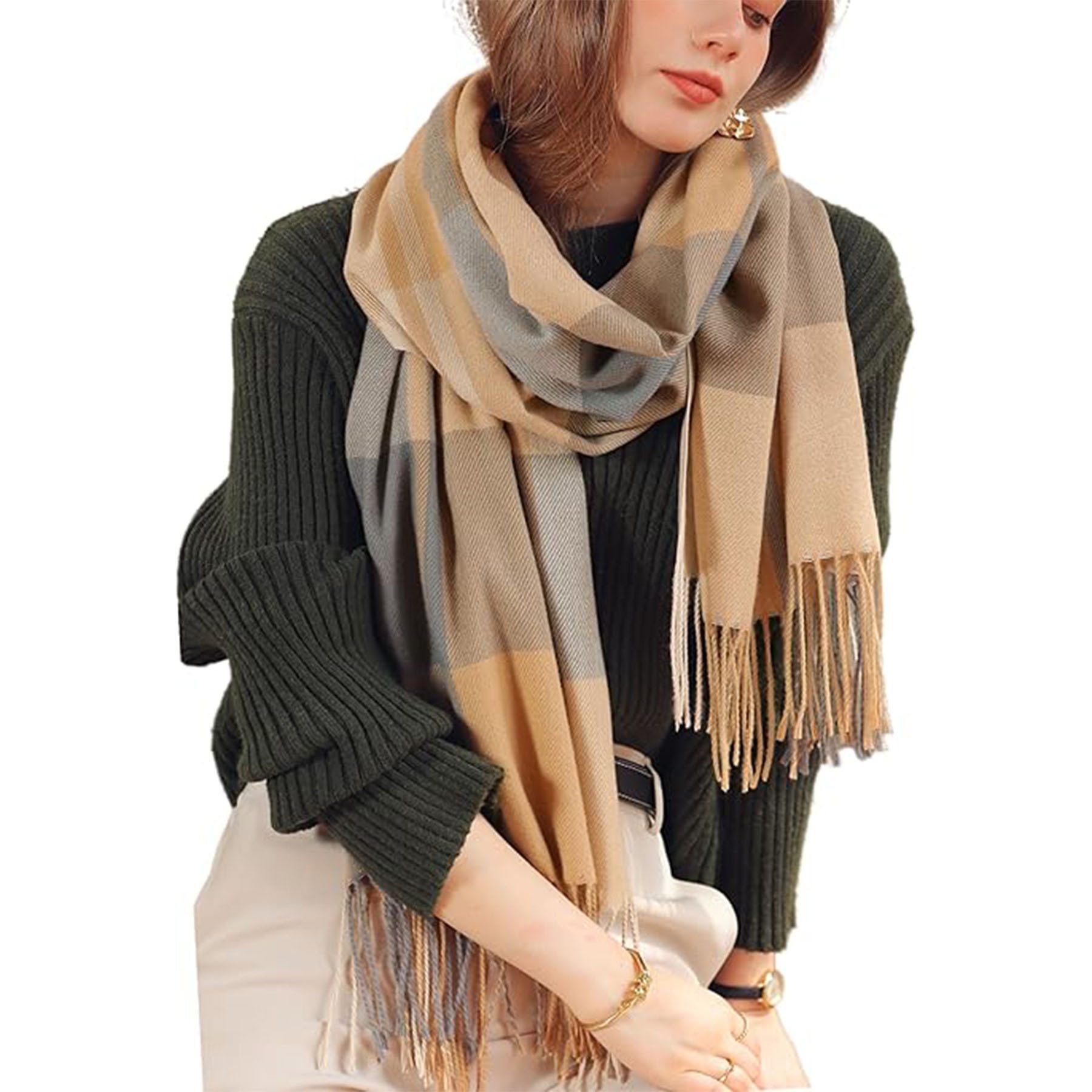 Mutig Wollschal Damen Winter Senior Plaid Kaschmir Schal,übergroßer185*65cm Schal, (Tartan Schultertuch Mit Quasten,Warmer Oversized Poncho,Mischfarbe, Winter Geschenke für Mama, Freundin oder Schwester,Weihnachtsgeschenk), Aus 100 % Kaschmir-Imitat gefertigt, weich, Elegantes Karomuster