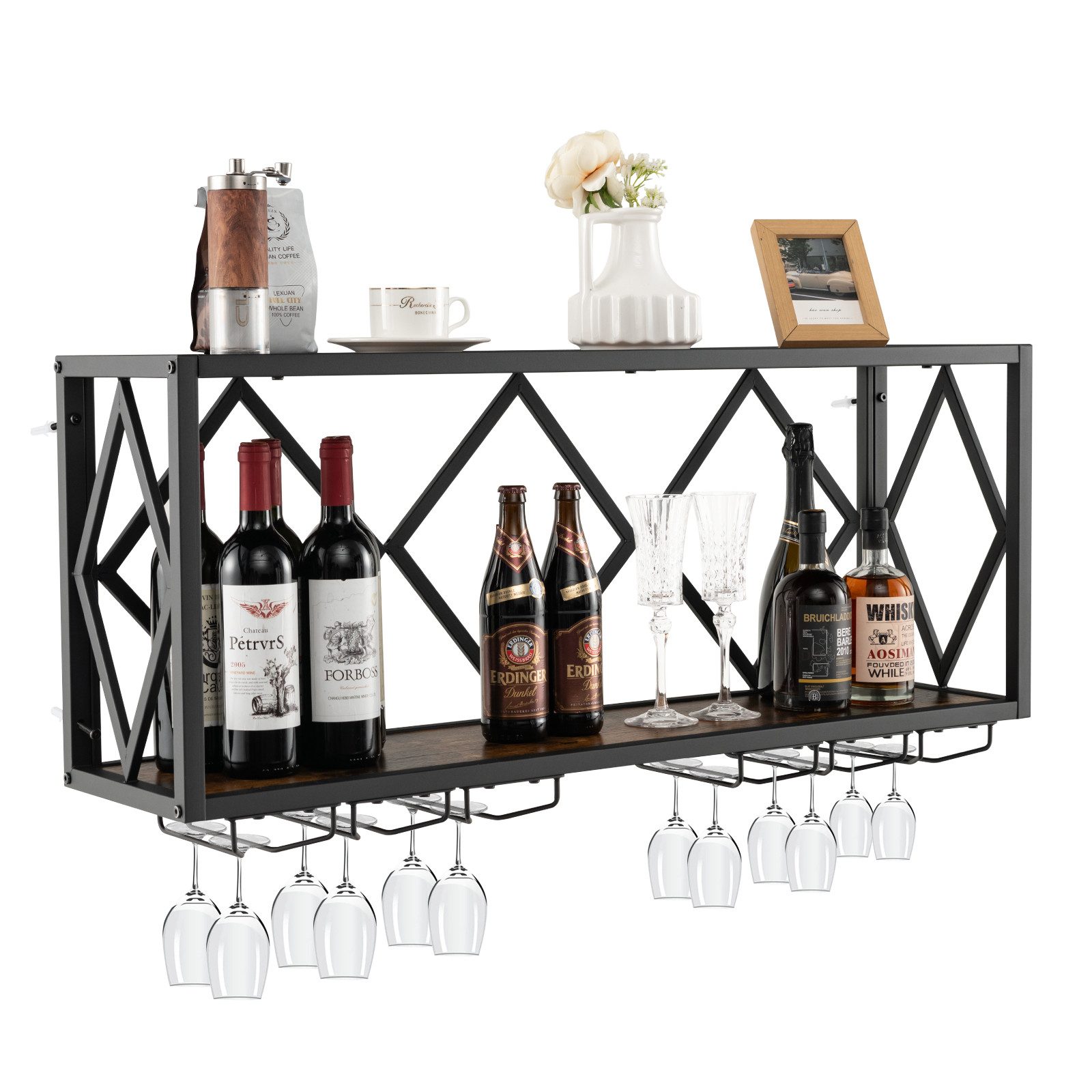 COSTWAY Weinregal, Wand, 2 Ebenen, Metall, 39 Flaschen&12 Gläser, 100x25x45 günstig online kaufen