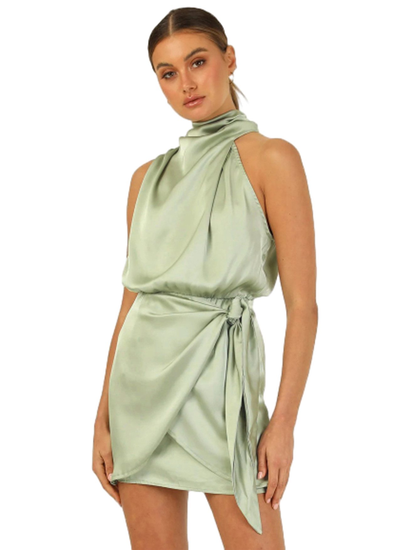 ZWY Satinkleid Neckholder-Kleid aus Satin,Wickelrock,brautjungfernkleider grün (Größe: M-XL) Modischer kurzer Rock aus Satin zum Binden