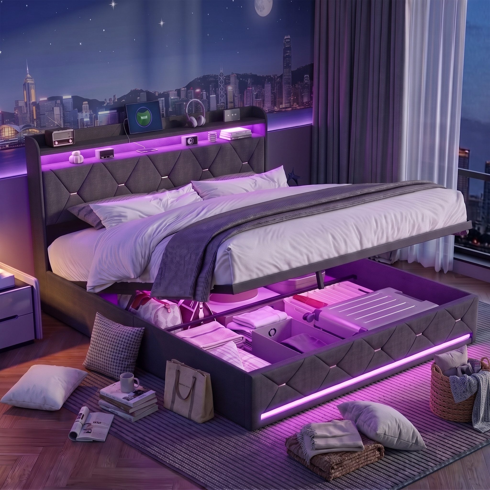 PXloue Polsterbett LED Doppelbett, Bettkasten, Ladefunktion, Leinen, 140x200 cm