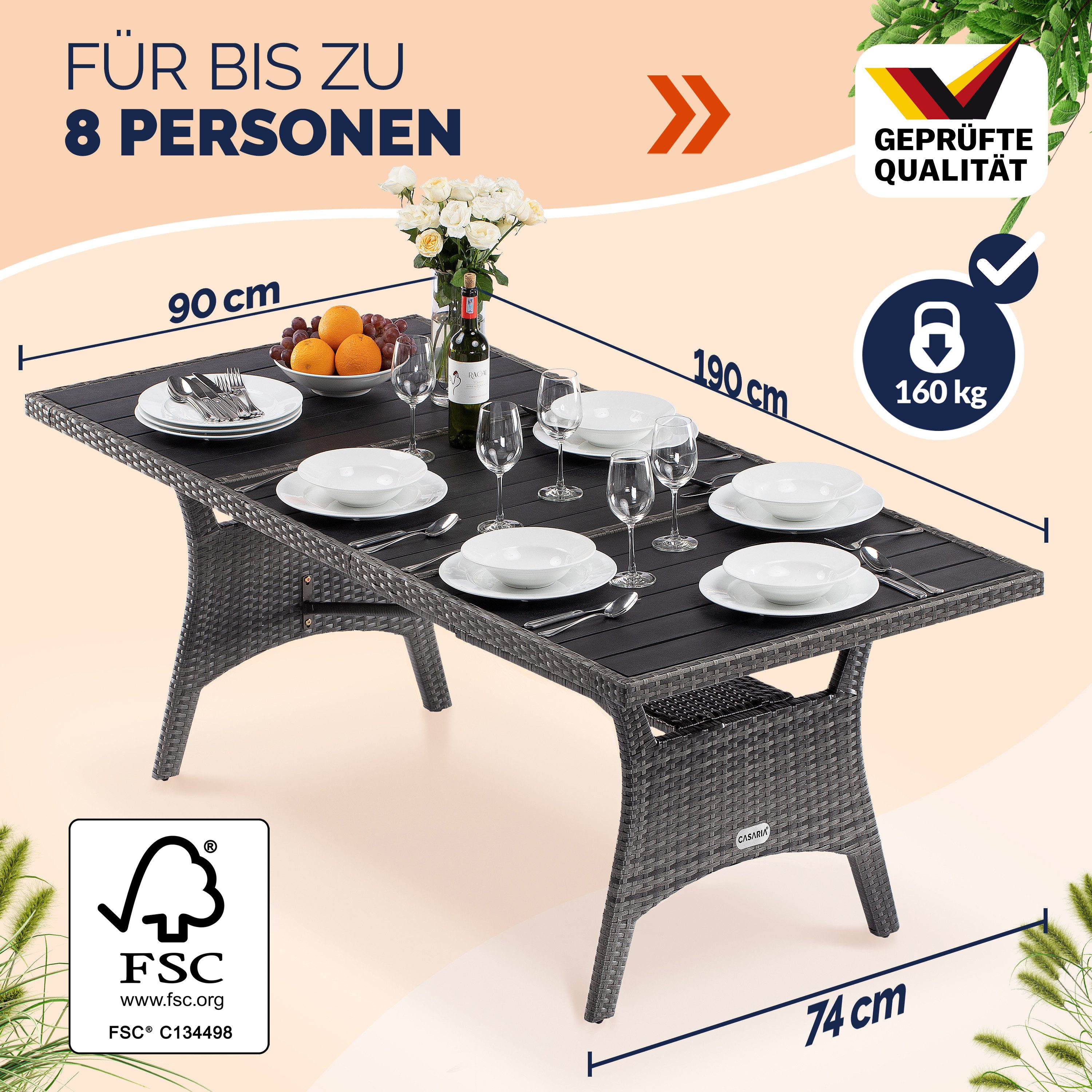 Casaria Gartentisch (1-St), Wetterfest 190x90x75cm WPC Tischplatte Polyrattan inkl. Ablage