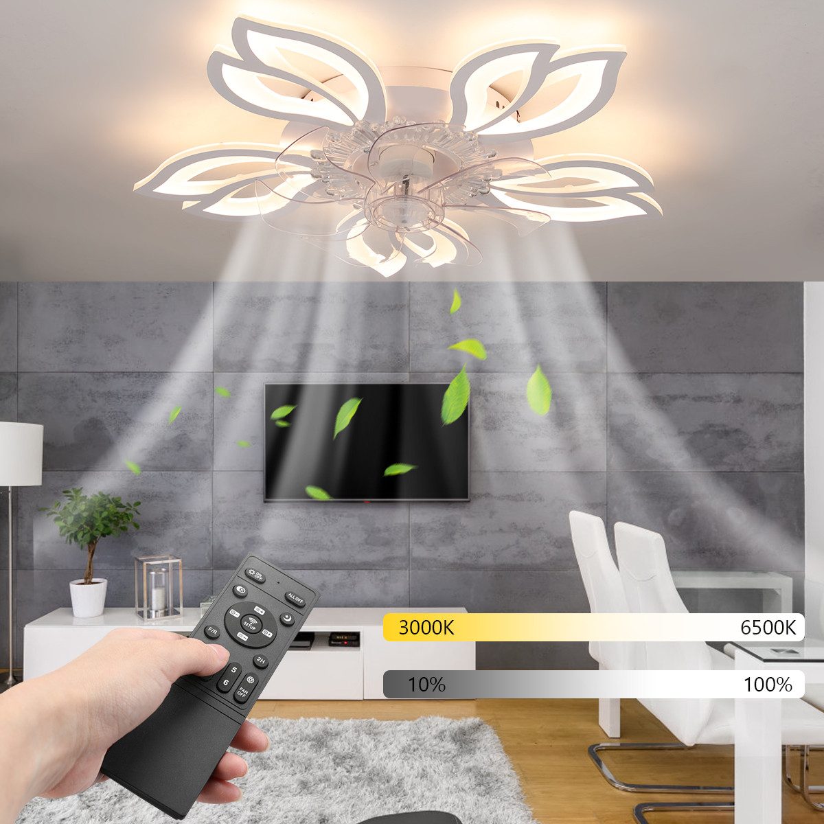 oyajia Deckenleuchte Leise Deckenventilator mit Beleuchtung, 85W Deckenlampe Mit Ventilator, LED fest integriert, Kaltweiß, Neutralweiß, Warmweiß, 6 Geschwindigkeit Blume Deckenleuchte,mit Fernbedienung Dimmbar