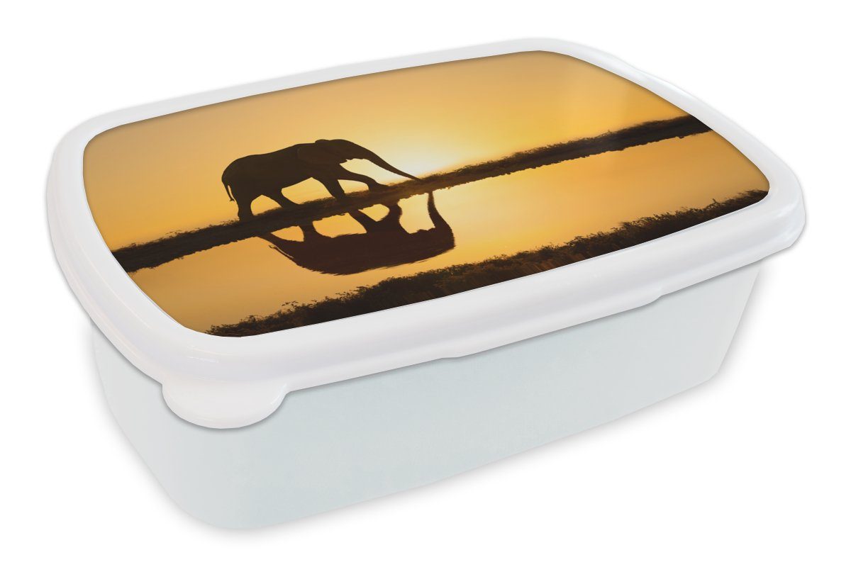 MuchoWow Lunchbox Silhouette eines Elefanten Jungs und Sonnenuntergang, Brotdose, und weiß Kunststoff, Brotbox bei (2-tlg), Kinder für für Erwachsene, Mädchen