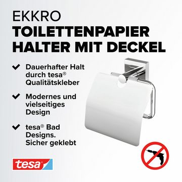 tesa Toilettenpapierhalter 1 x EKKRO WC-Papierrollenhalter mit Deckel (Komplett-Set, 2-St., inkl. Klebelösung), chrom - silber glänzend - 5,3 cm : 14 cm : 12,8 cm
