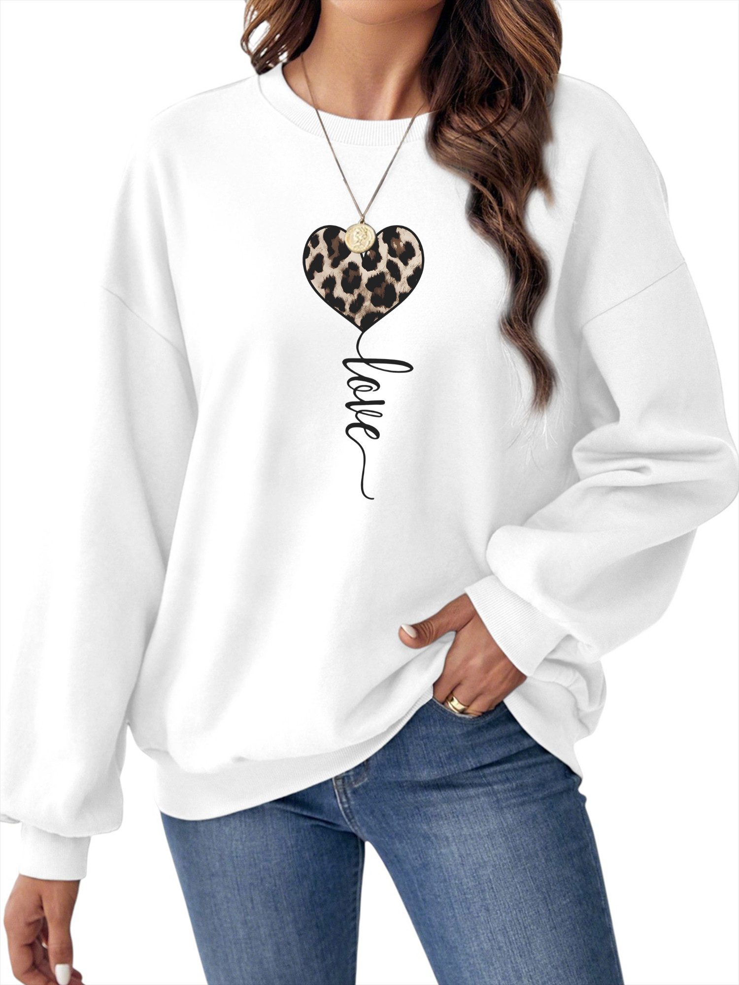 PYLIKE Rundhalspullover Damen Fleecepullove mit Leopardenmuster Print für Herbst Winter Bequem für Herbst & Winter