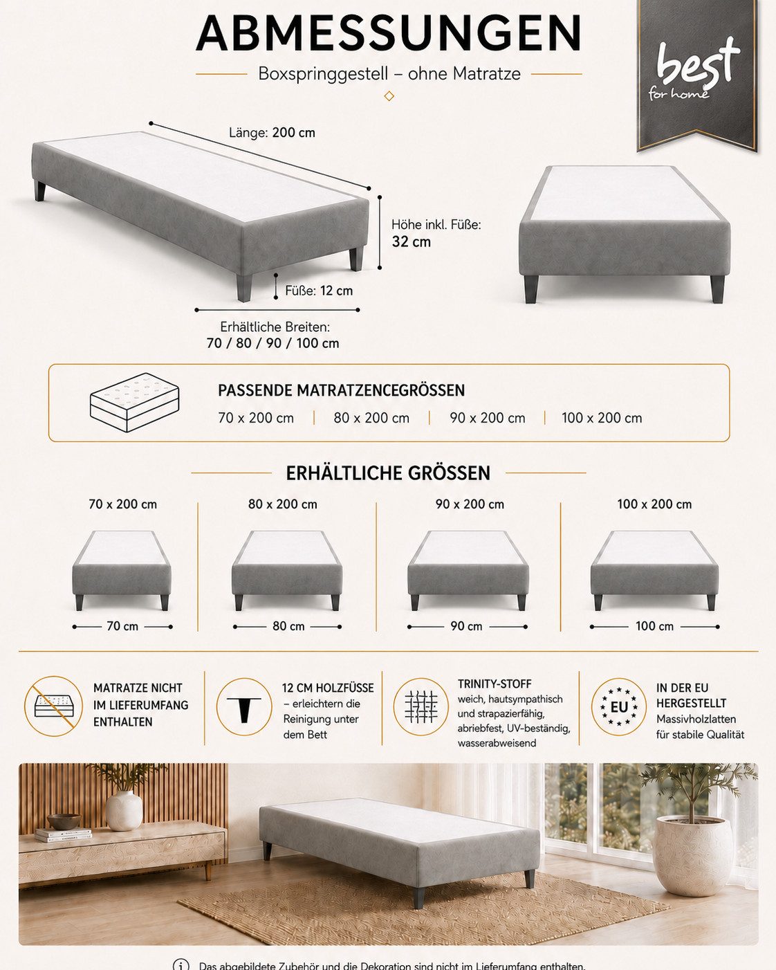 Best for Home Boxspringbett Rahmen – Massivholz, 12 cm Füße, Stabil & Zuverlässig (Seniorebett, Matratze, Jugendbett, Kinderbett, 70x200 80x200 90x200 100x200 c – Bild 5 von 5