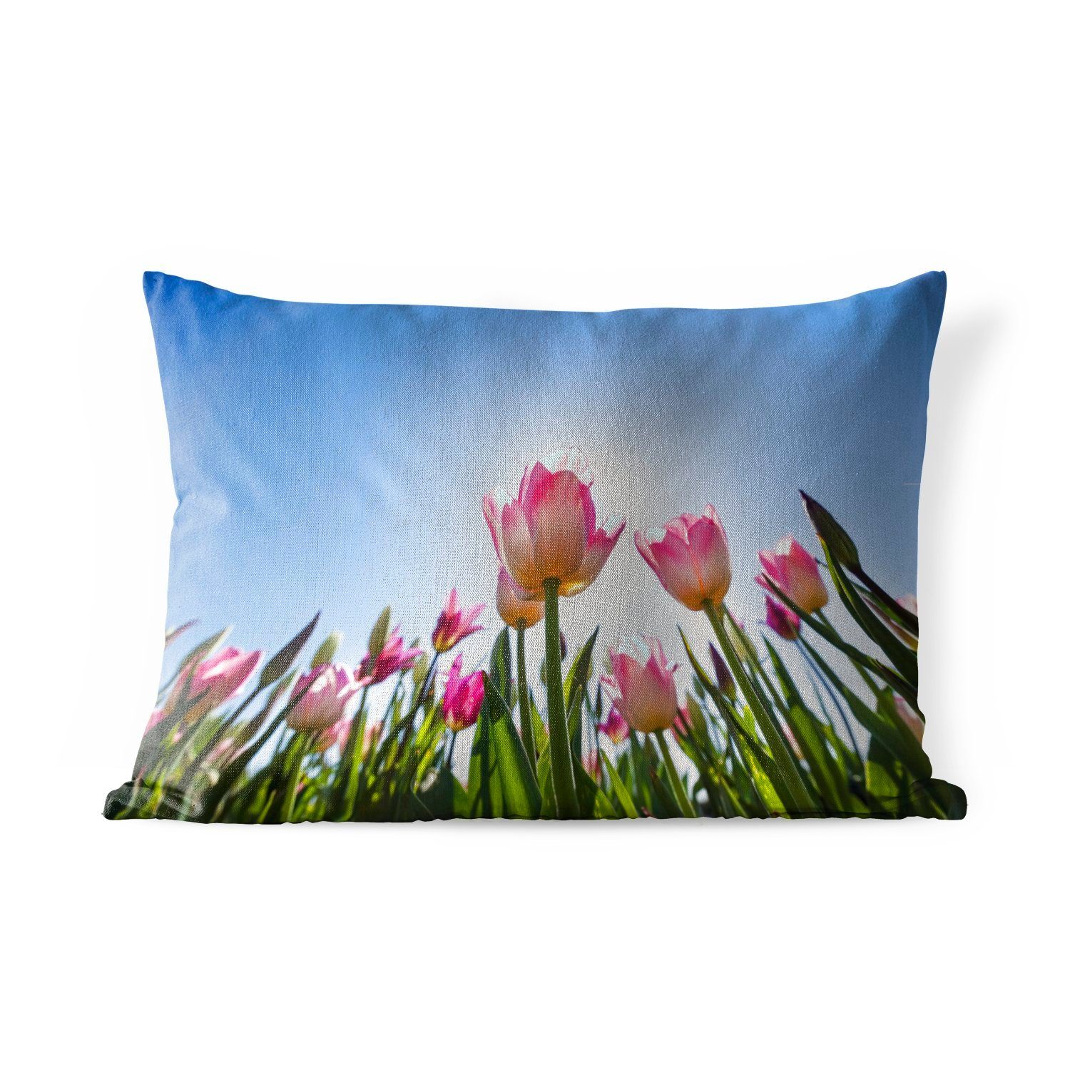 MuchoWow Dekokissen Rosa Tulpen heben sich vom blauen Himmel ab, Outdoor-Dekorationskissen, Polyester, Dekokissenbezug, Kissenhülle | Dekokissen