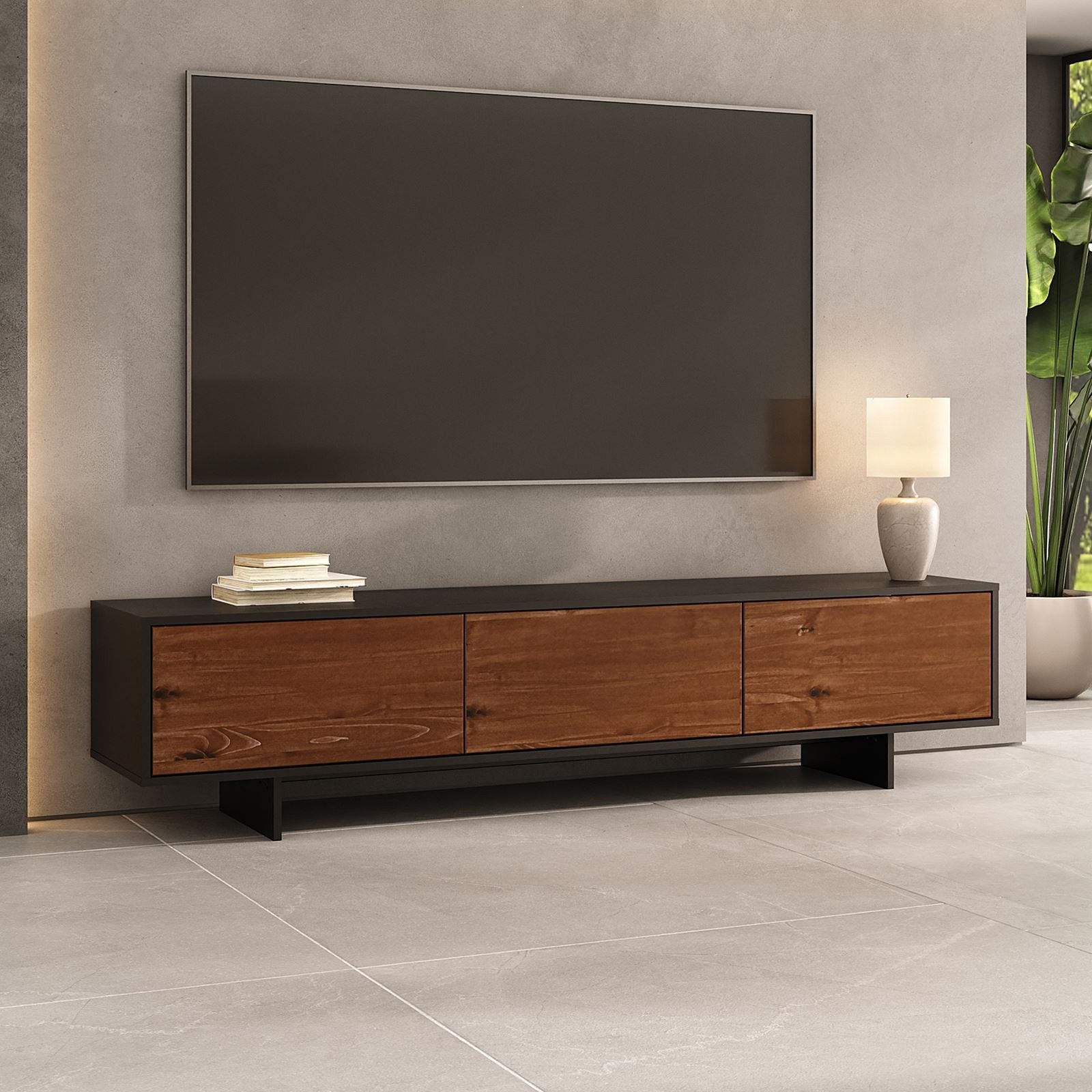 IDIMEX Lowboard ARTO, Niedriges Sideboard 185 cm Massivholz Fronten Schwarz/Kastanie Finish