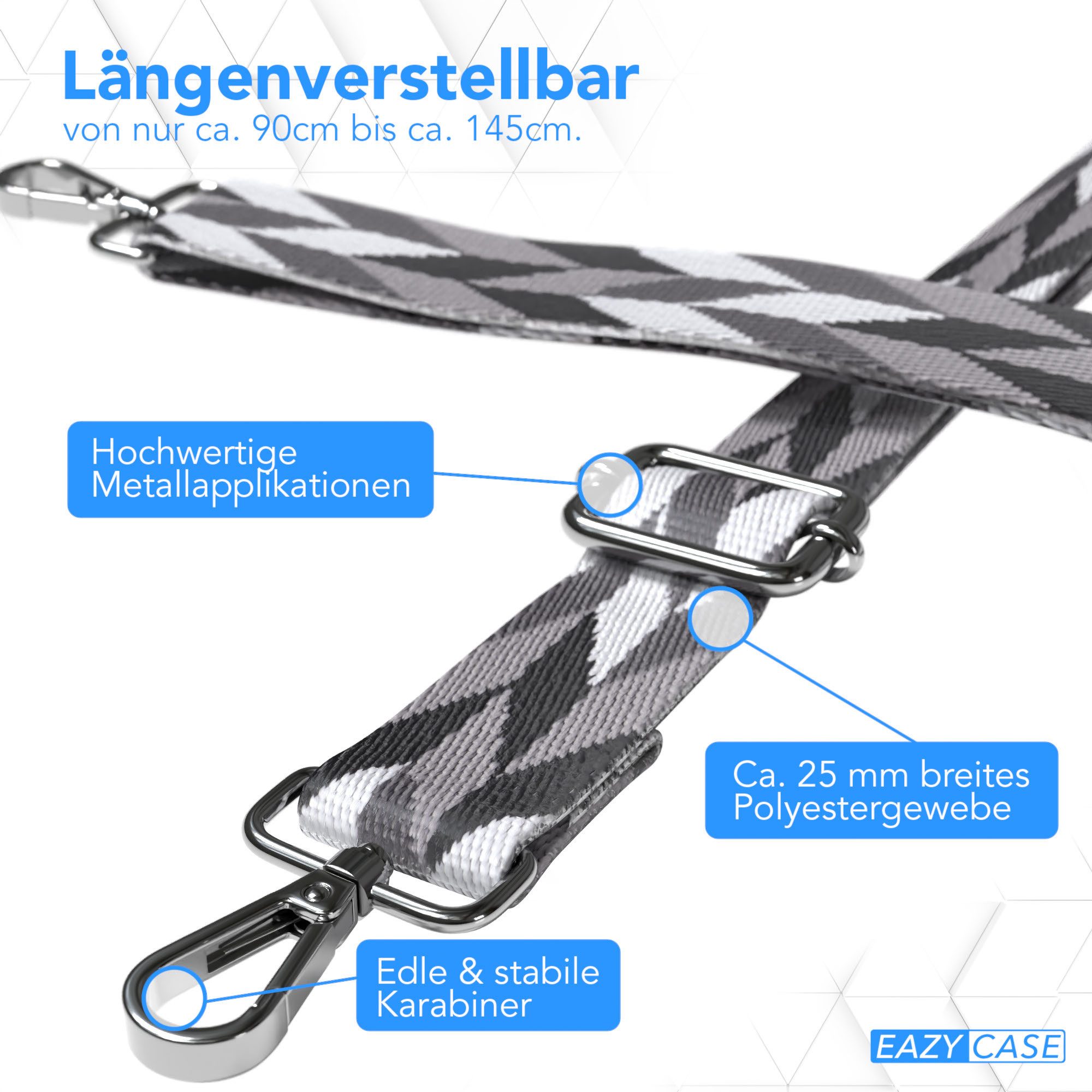 EAZY CASE Schulterriemen Ersatz Taschenriemen Boho Style Verstellbarer Mix Style Trageriemen für Gürteltaschen Grau Schwarz