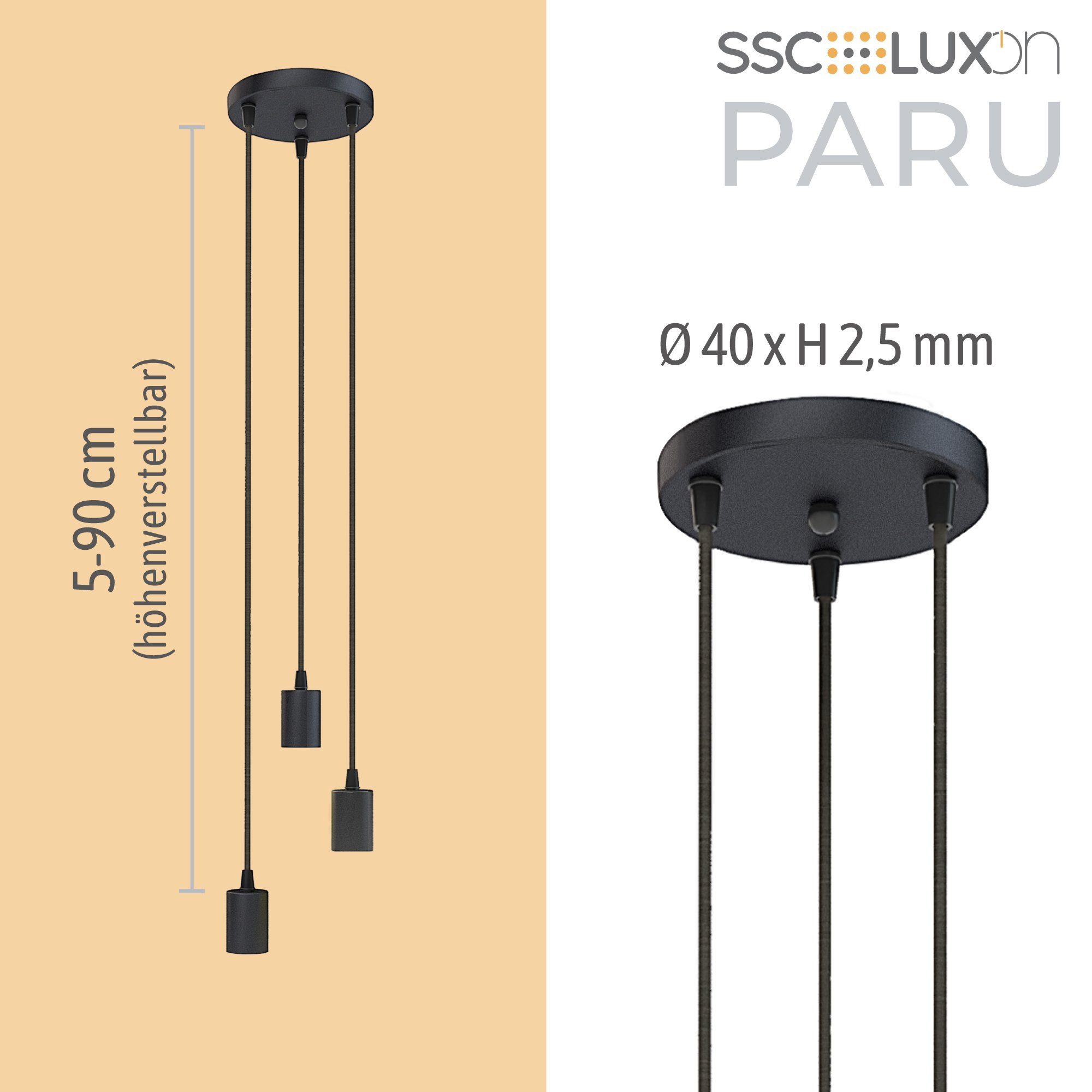 PARU für Lampen Textilkabel LED-Hängeleuchte mit E27 SSC-LUXon Hängelampe 3-flammig