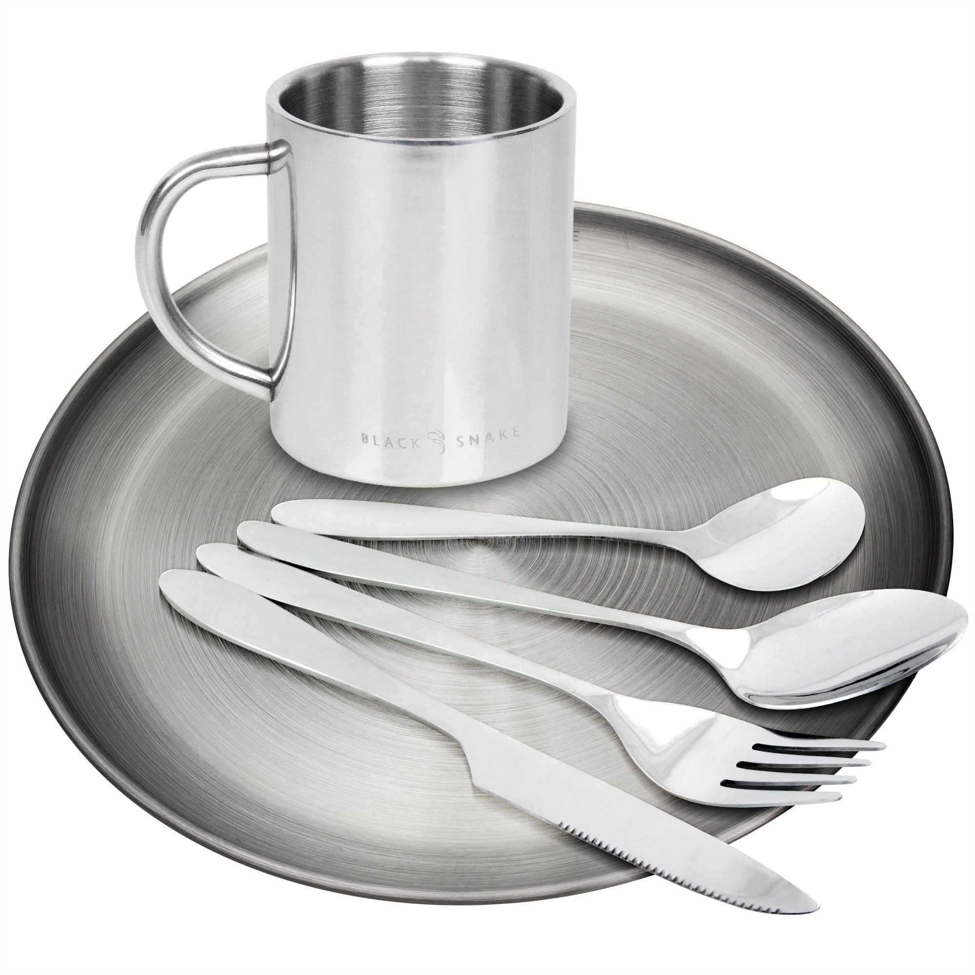 Black Snake Geschirr-Set Camping Geschirr Set Edelstahl mit Teller Tasse Besteck (3-tlg), 1 Personen, Edelstahl, Camping Geschirr Set mit Thermotasse und Lunchbesteck