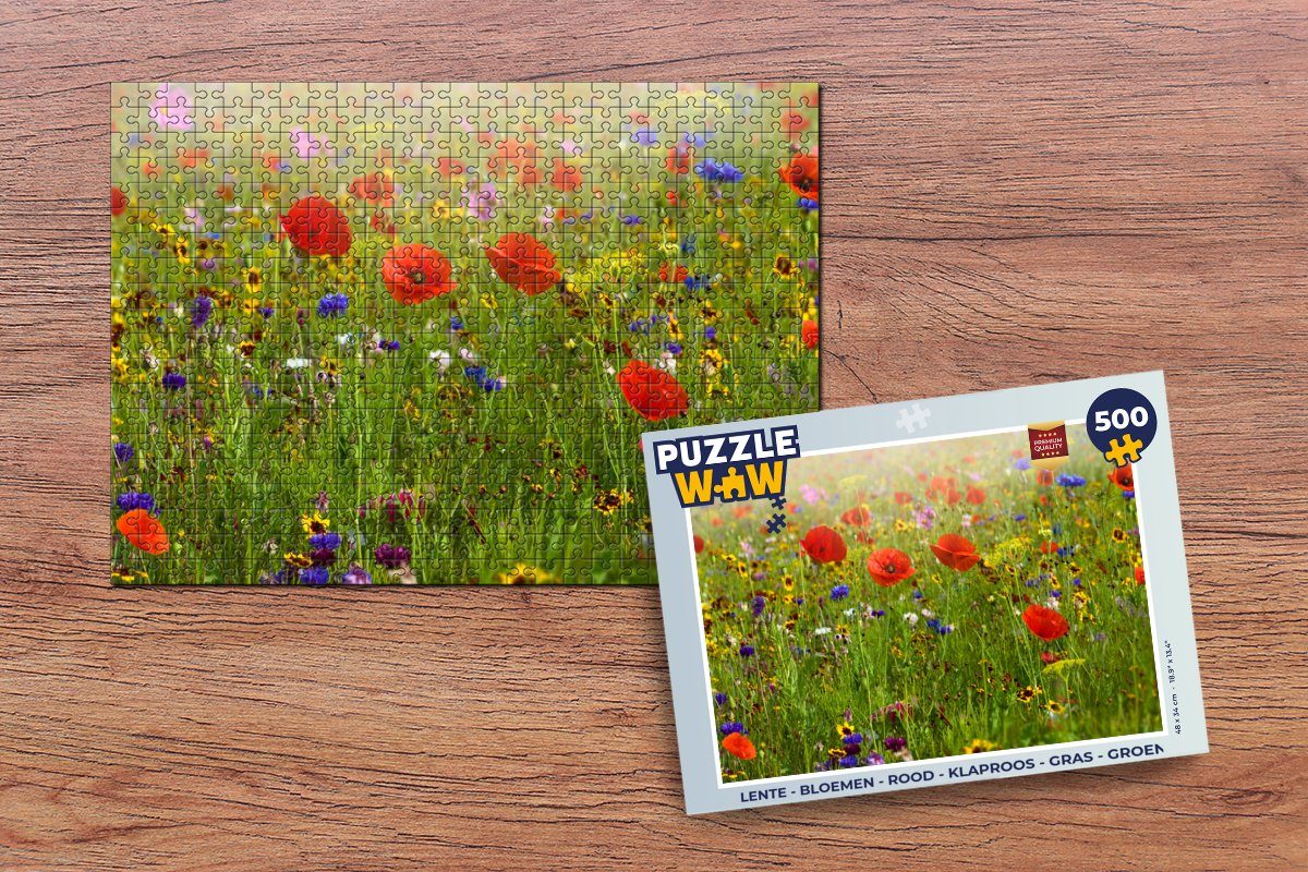 MuchoWow Puzzle Frühling - Blumen - Rot - Mohn - Gras - Grün, 500 Puzzleteile, Foto-Puzzle, Bilderrätsel, Puzzlespiele, Spielzeug