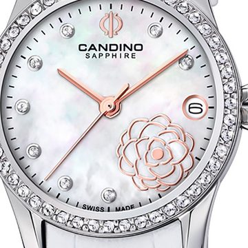 Candino Quarzuhr Candino Damen Armbanduhr Elegance, (Analoguhr), Damen Armbanduhr rund, Lederarmband weiß, Fashion