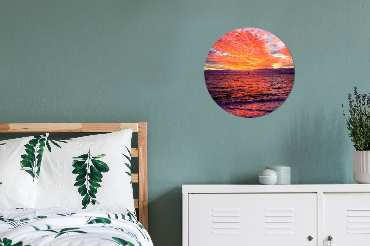 MuchoWow Gemälde Sonnenuntergang - Wanddekoration Kreis Rundes (1 30x30 Rot, - Forex, cm St), Wohnzimmer, Strand Wandbild