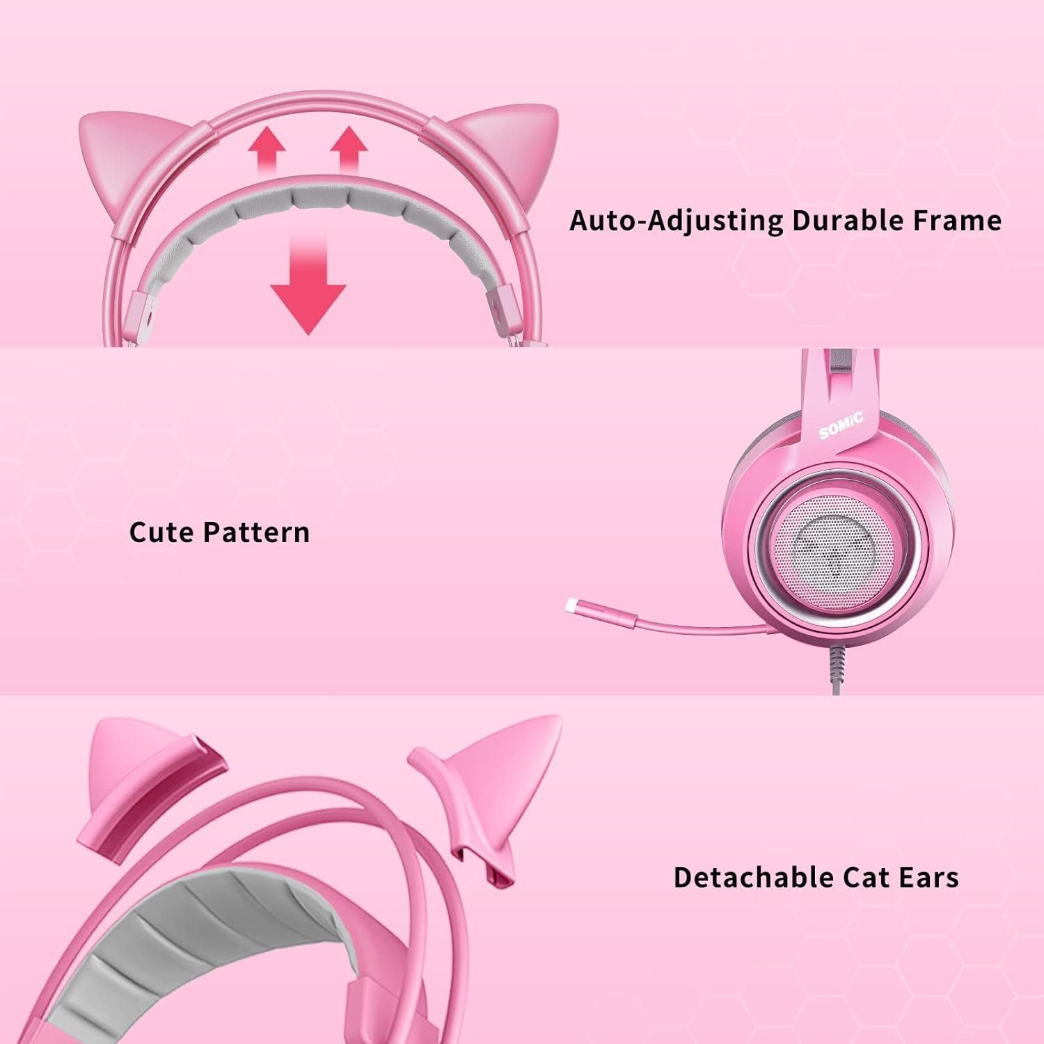 Somic G951S Gaming-Headset (Rosa 3,5-mm-Kabel, Headset Katzenohr-Kopfhörer Mikrofon, Gaming-Kopfhörer und rosa für Mädchen mit Frauen) mit