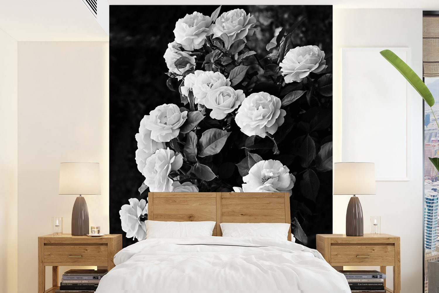 Fototapete Vinyl Natur Wandtapete - - Weiß und Blumen MuchoWow (4 Tapete Pflanzen Montagefertig Matt, für Wohnzimmer, - Rosen, Schwarz - St), bedruckt,