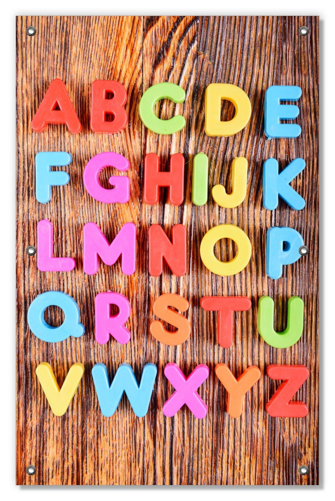 Sonnenschutz Bunte Buchstaben - Alphabet auf Holz, Wallario, blickdicht, mit Saugnäpfen, wiederablösbar und wiederverwendbar