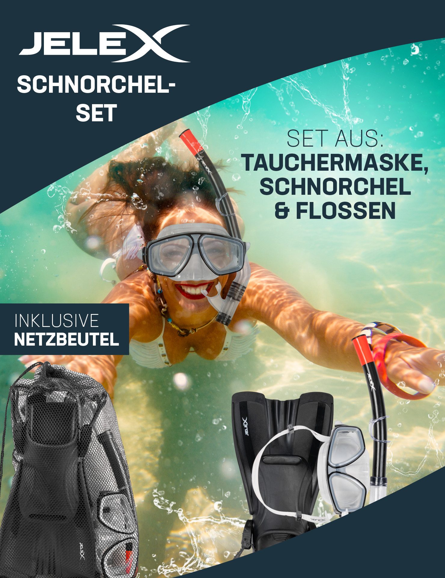 JELEX Schnorchel Deepsea Schnorchel Set mit Flossen, beschlagfrei, stoßfeste Brillengläser – Bild 2 von 5