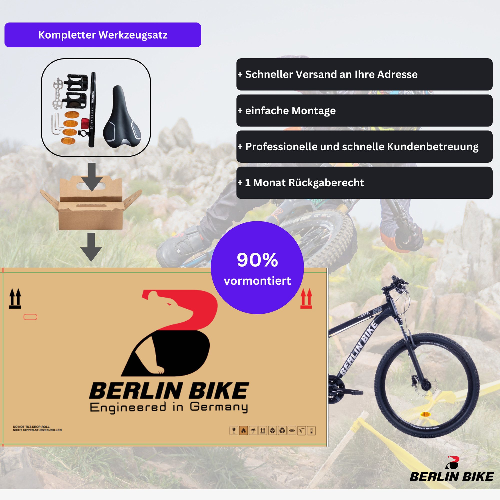 BERLIN BIKE Mountainbike 26, 27.5, 29 Zoll Alu MTB - hydraulische Scheibenbremsen - Shimano Set, 21 Gang Shimano FD-TZ500/RD-TY300D Schaltwerk, (Shimano Kurbel, Dacron Hydraulische Scheibenbremsen, Aluminiumrahmen), 26/27.5/29 Zoll & 33–51 cm Rahmenhöhe – passend für jede Körpergröße