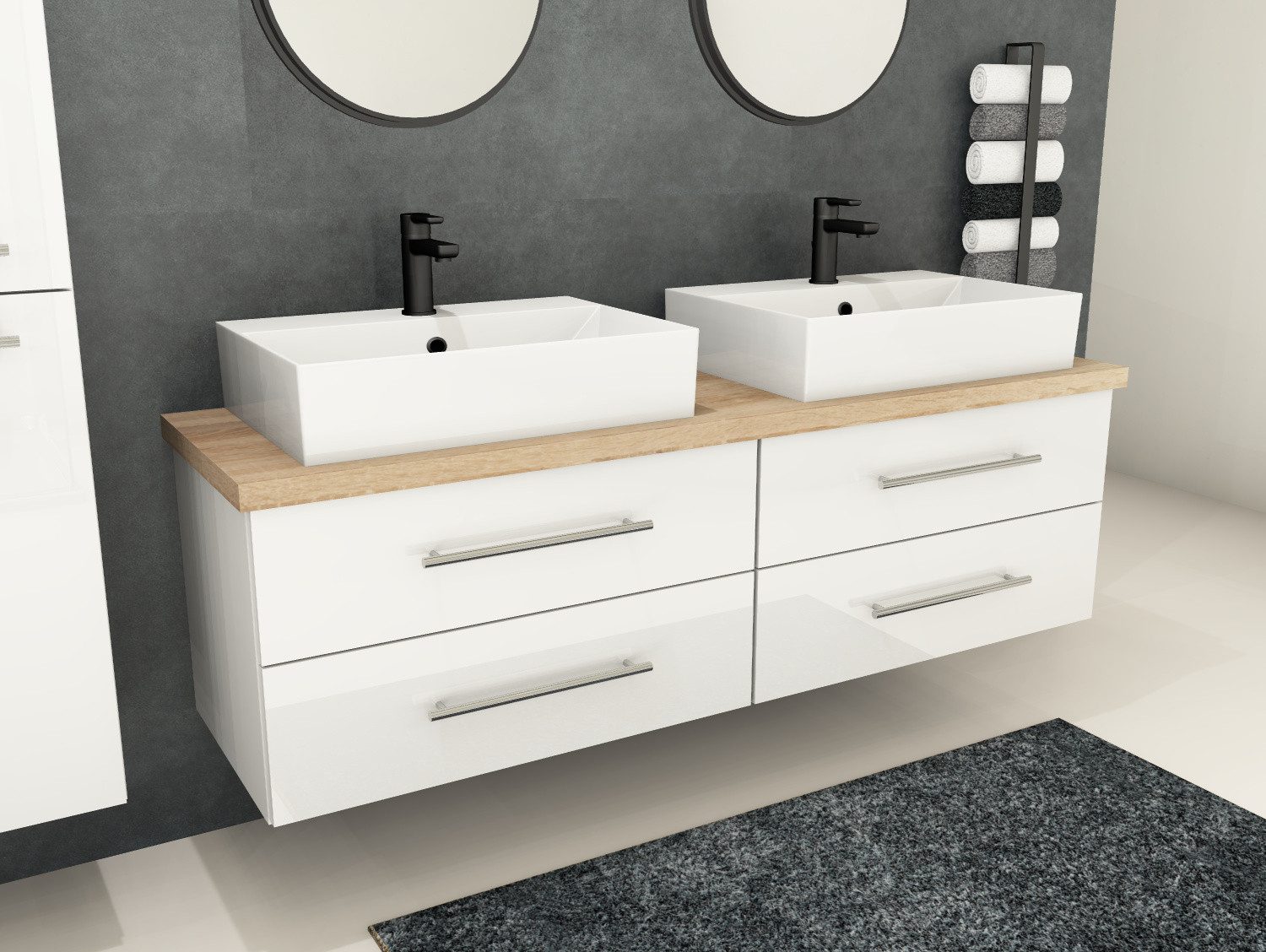 Aqua Bagno Badmöbel-Set Flex Badmöbel 160 cm Weiß Hochglanz mit Doppelwaschbecken KS.60, (vormontiert, 5-St., Badmöbelschrank lackiert, Trägerplatte, Keramikwaschbecken), einfache Montage, Skandi