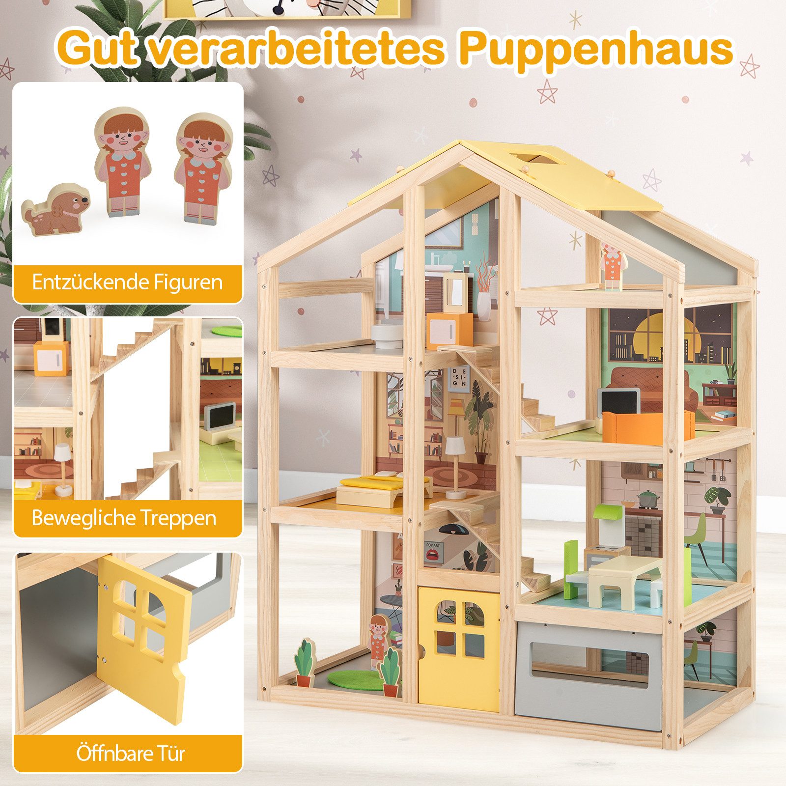 COSTWAY Puppenhaus, Holz, Traumvilla mit Möbelstücken & Figuren ab 3 Jahren