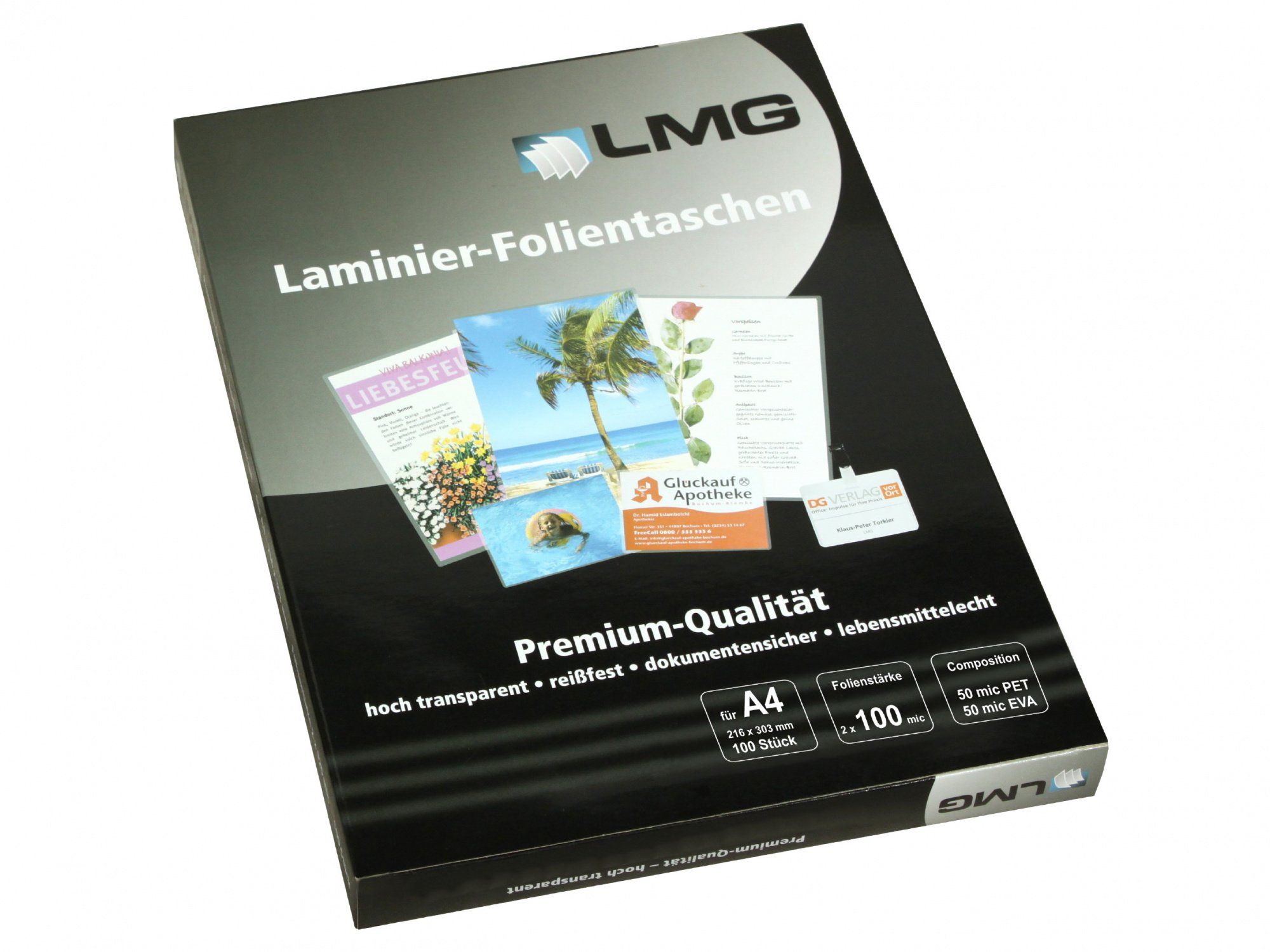 LMG Germany Laminierfolie LMG Laminierfolien A4 (216 x 303 mm), 2 x 100 mic, glänzend, 100 µm, glänzend, 100 St., Glänzende Laminierfolien für edle Optik