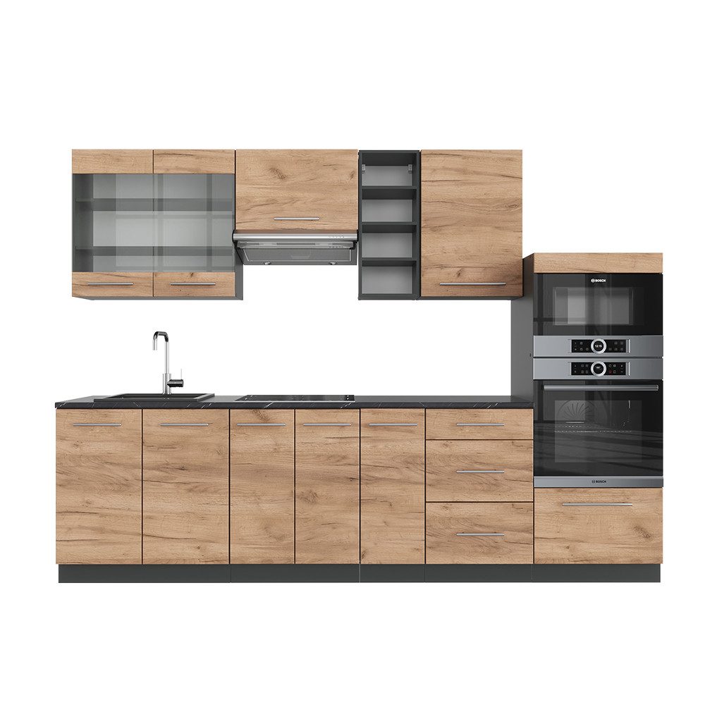 Vicco Кухниzeile Fame-Line, Goldkraft Eiche/Anthrazit, 280 cm ohne Arbeitsplatte