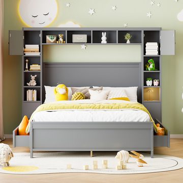 REDOM Kinderbett Doppelbett mit Stauraum, mit 4 Schubladen und großem Stauschrank (Doppelbett aus Massivholz mit Lattenrost), ohne Matratze