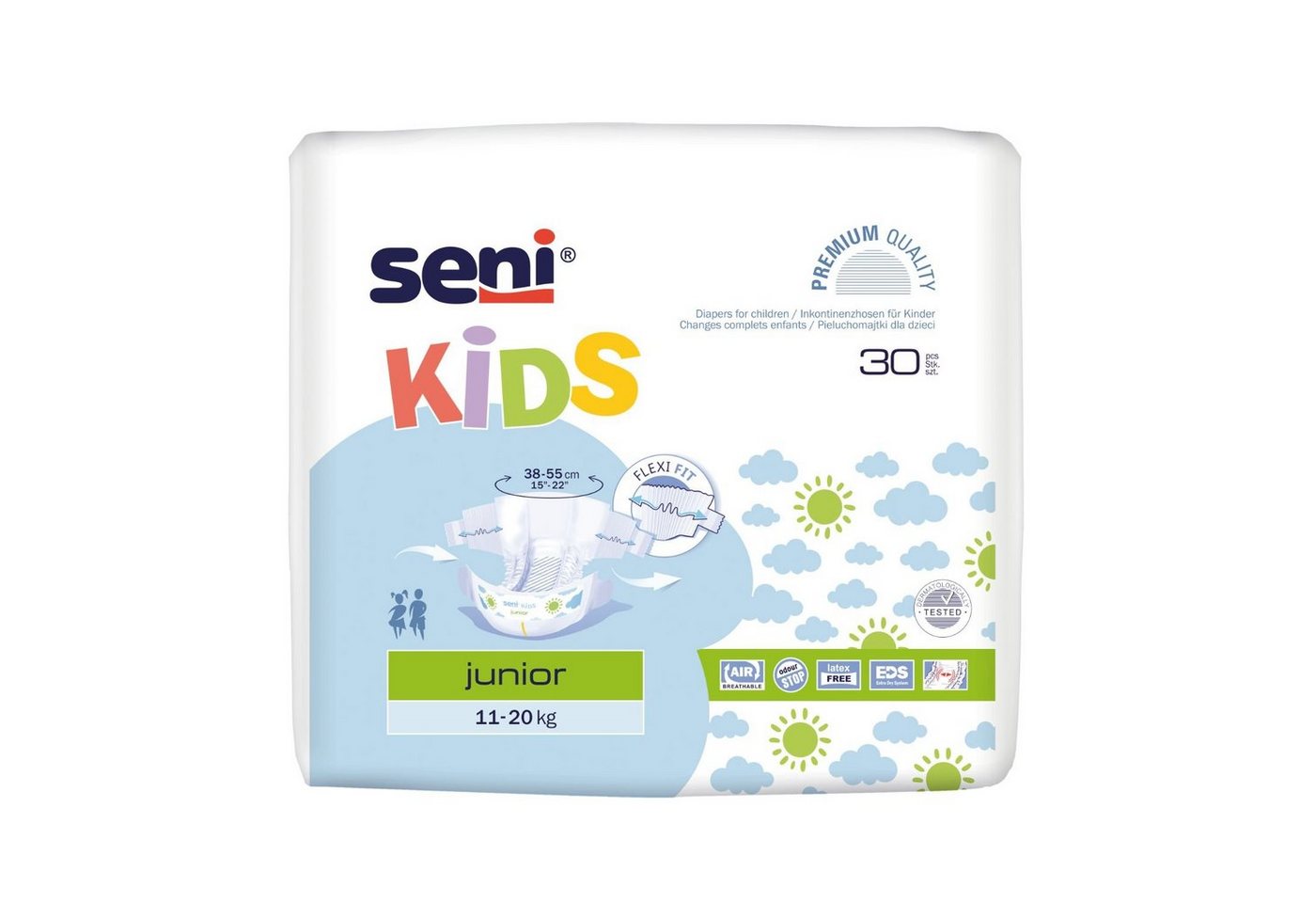 TZMO Deutschland GmbH Inkontinenzboxer SENI Kids Junior Inkontinenzslips 11–20 kg 30 Stück (Einzelpackung, 30-St., 1 Packung à 30 Stück) Atmungsaktiv, latexfrei, Nässeindikator, seitlicher Auslaufschutz